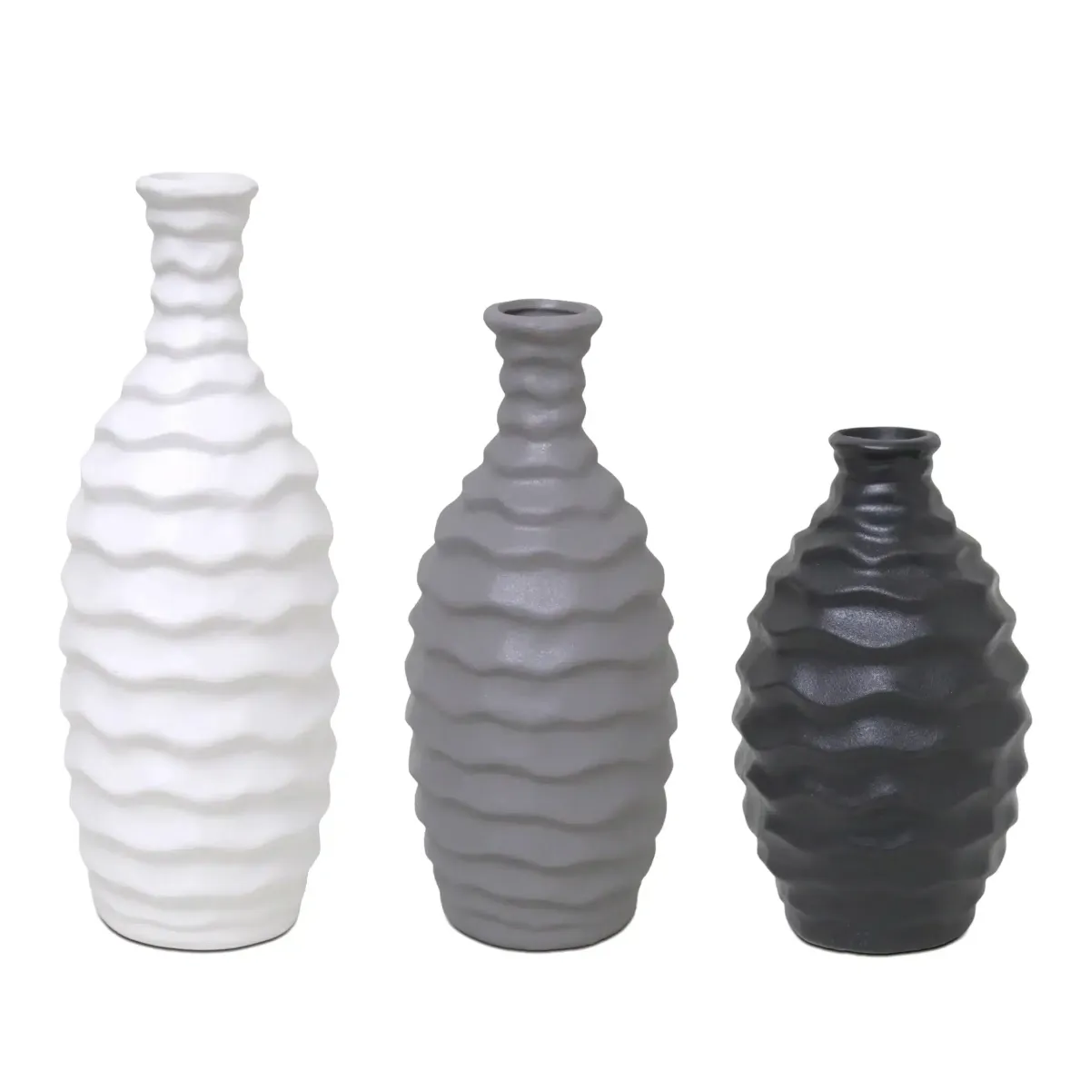 Waves Vertical Pattern Ceramic Vase – Set of 3, Grey/Black/White