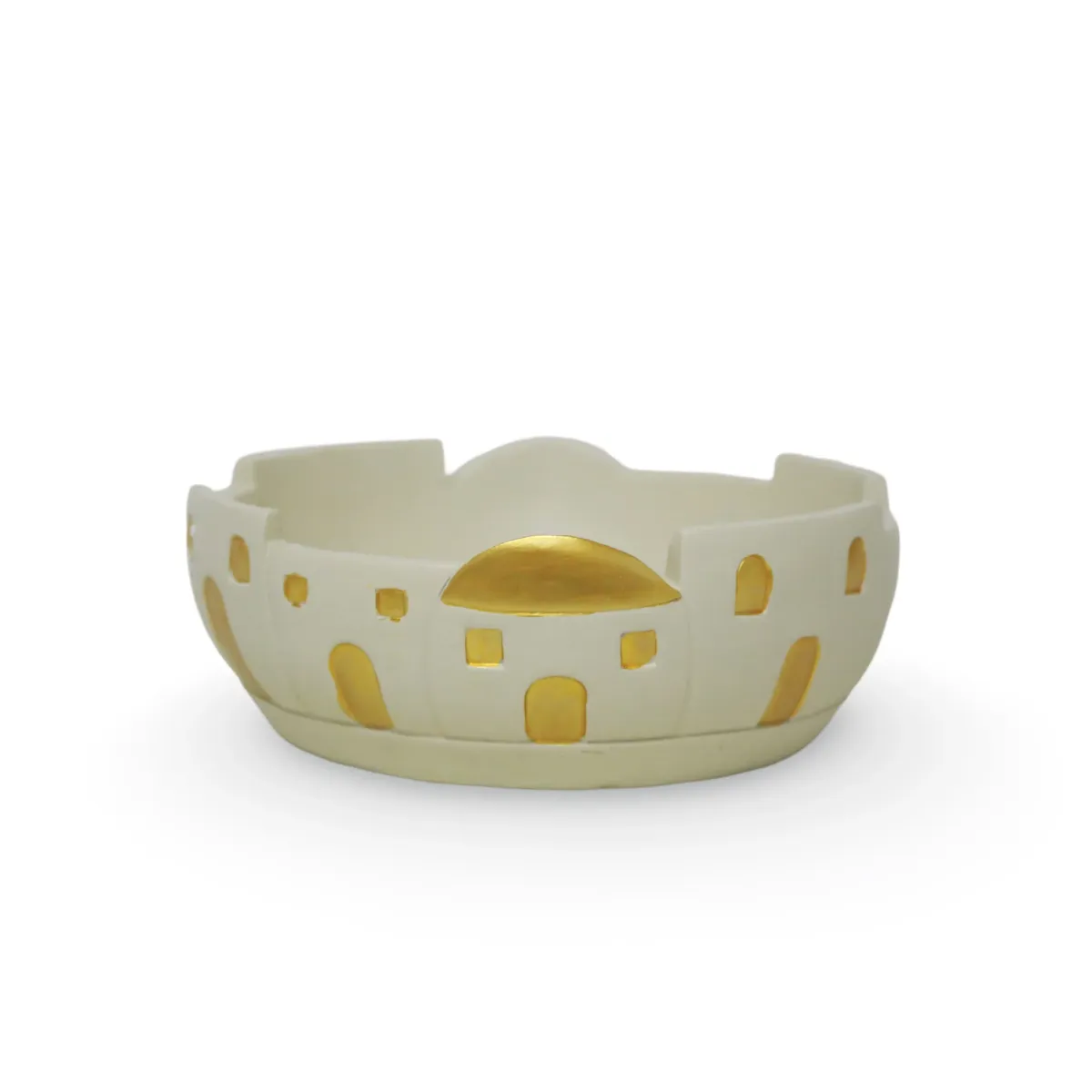 “Ivory Resin Mosque Bowl with Gold Window Accents – Sophisticated Ramadan Decorative Piece”