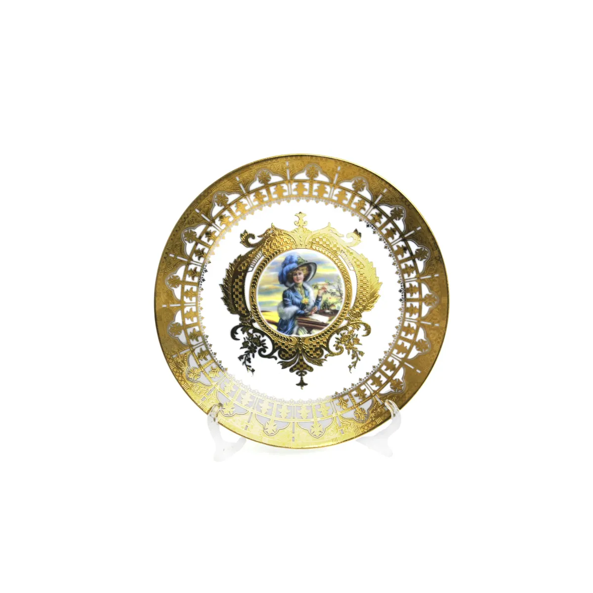 Golden Rim Round Flower Lady Limoges Glass Plate