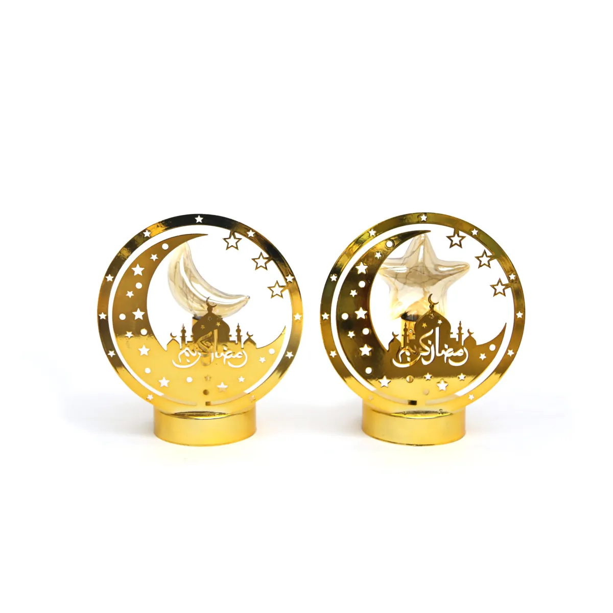 Gold Round Ramadan Kareem Stand with Moon & Star LED Light – Elegant Festive Decorative for Home