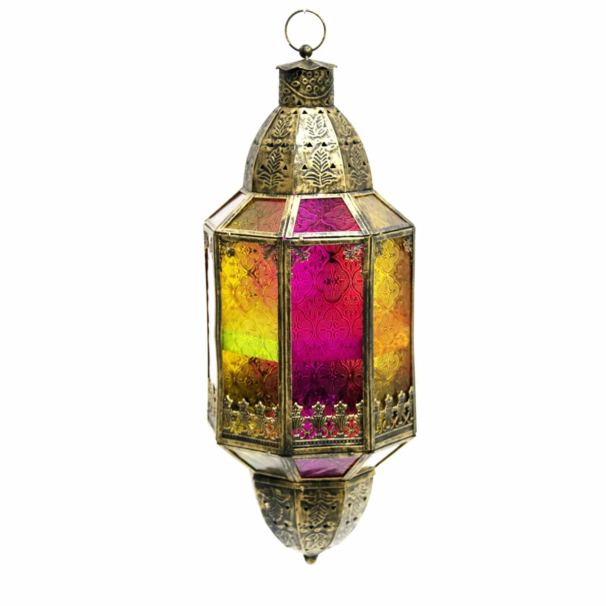 Radiant Ramadan Elegance: Colored Glass & Antique Gold Hanging Lantern for Decoratives