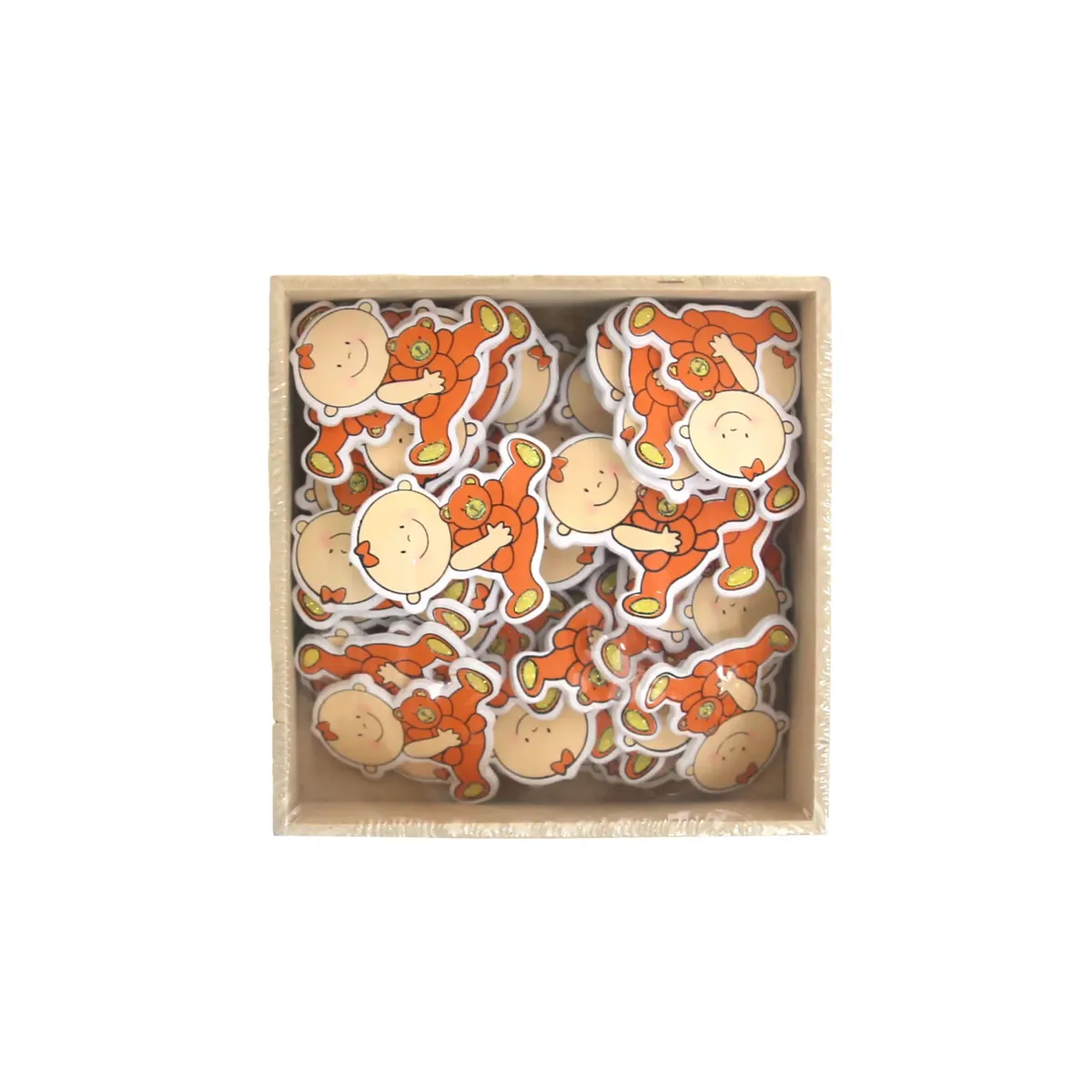 Orange Baby Holding Teddy Bear Wooden Motif