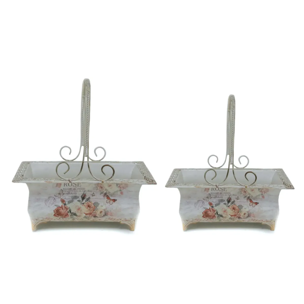 Rectangle White Footed Rose Countryside Basket Set With Upper Handle
