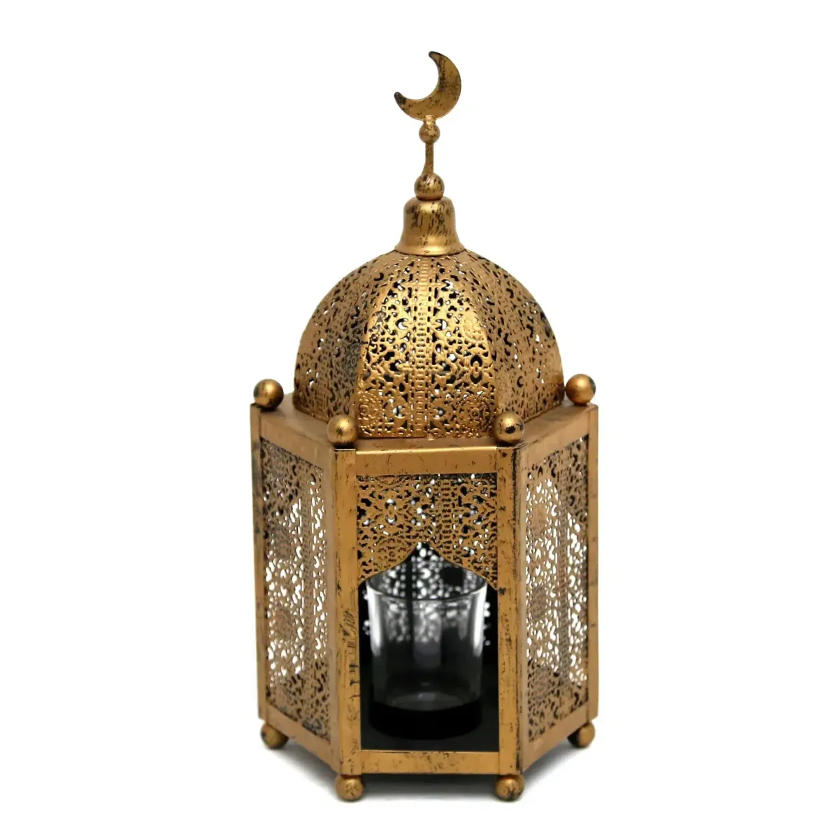 Decorative Bronze Lantern with Glass Cup & Crescent Top – Perfect for Ramadan