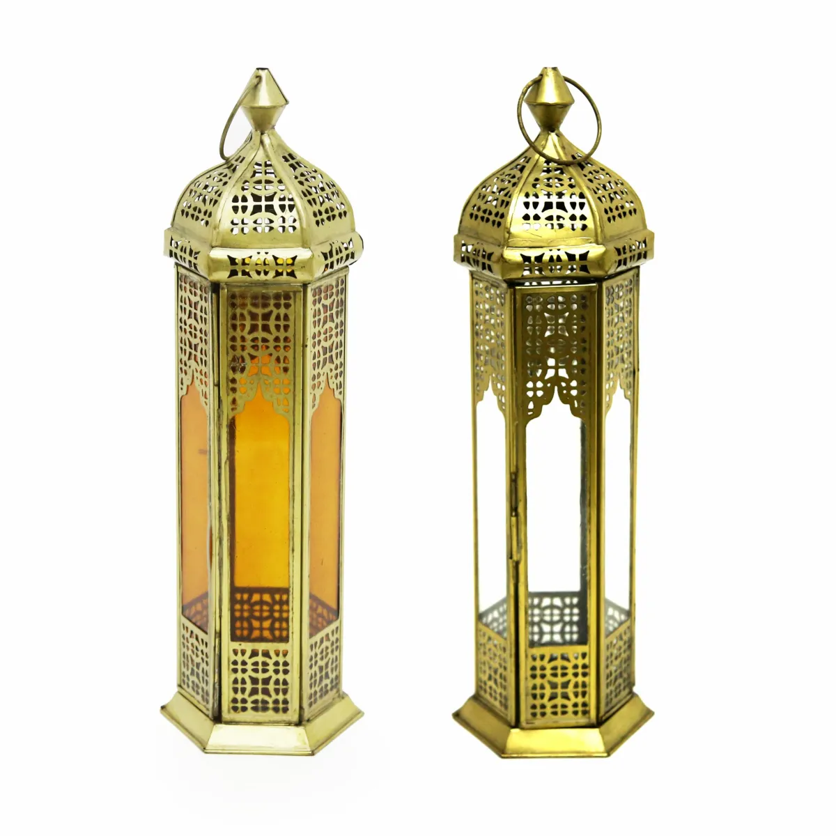 Radiant Evenings: Gold Metal & Glass Hexagonal Lanterns for Ramadan Decoratives