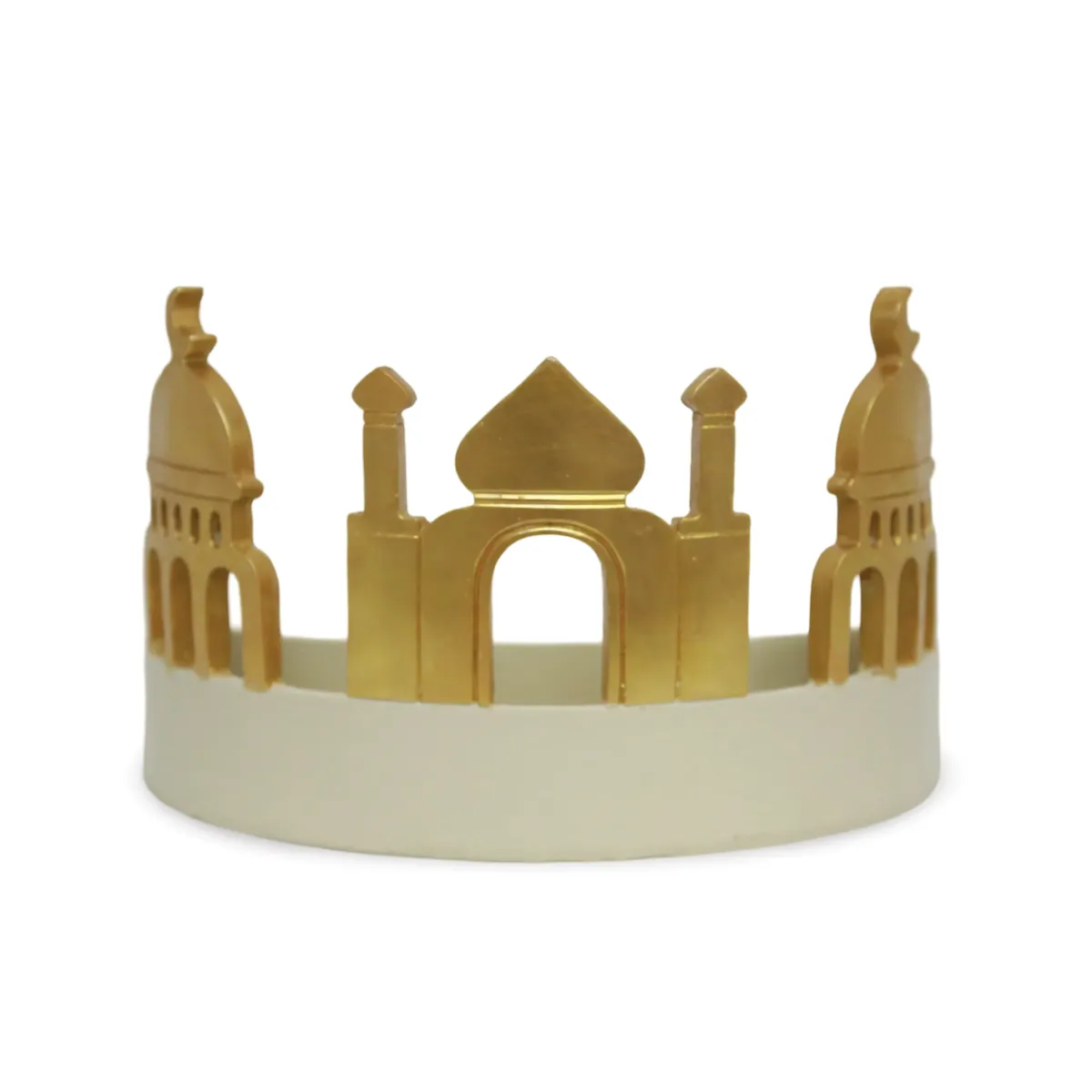 “Ivory Moon Shape Resin Tray with Gold Mosque Decoration – Luxurious Ramadan Decoratives”