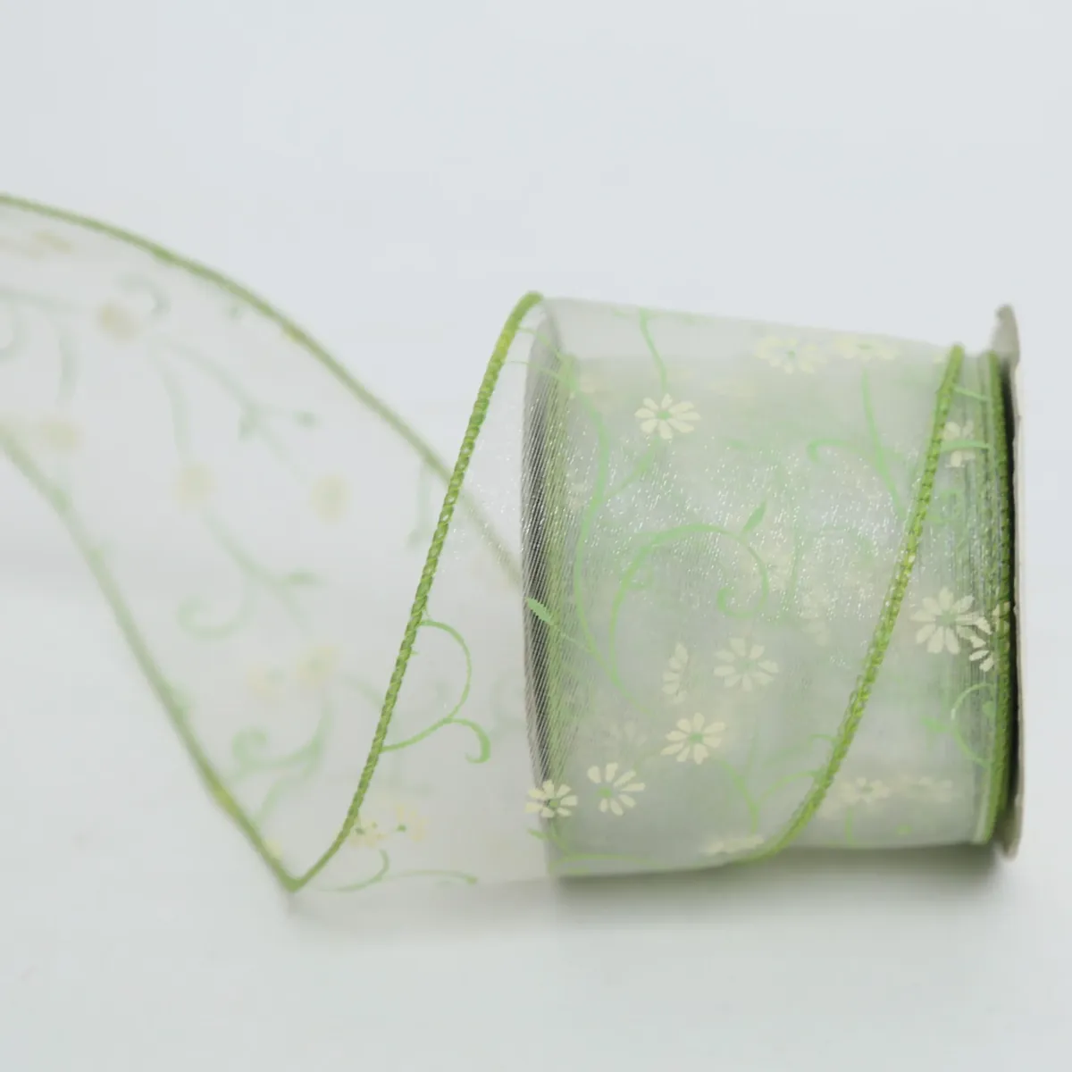 Green Printed Flower Swirl Organza Ribbon
