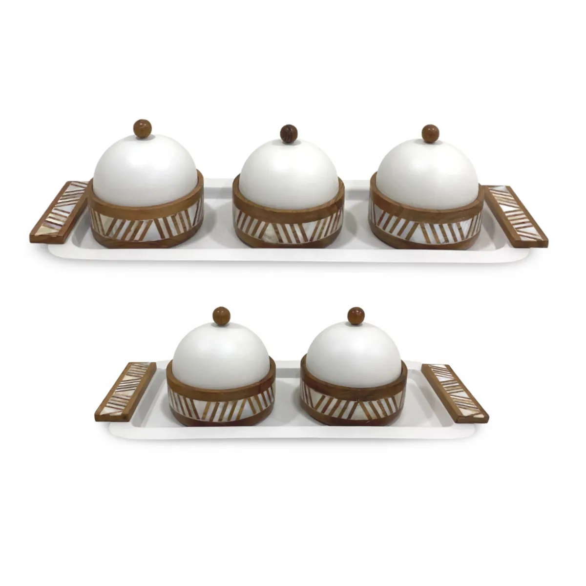 “White Rectangular Metal Tray with Striped Design Canisters – Stylish Ramadan Decoratives”