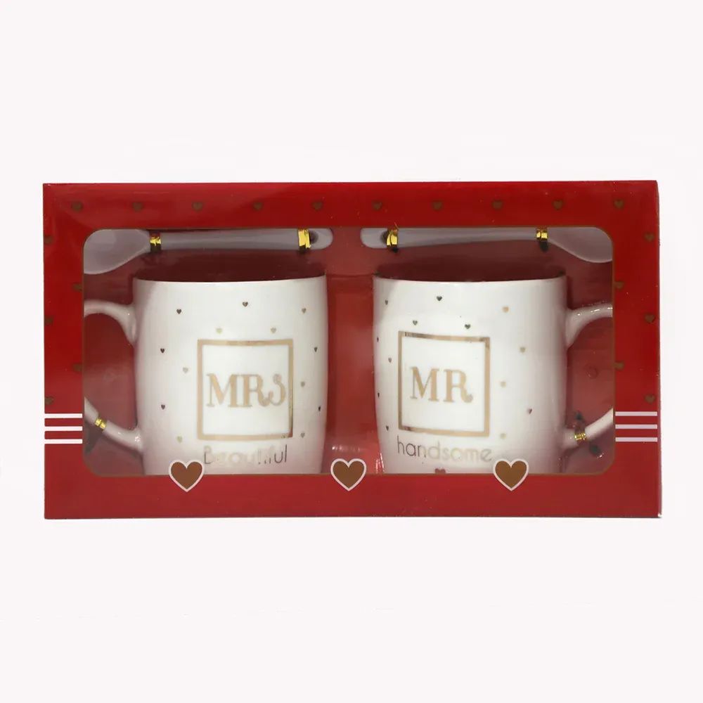 “MRS & MR” Mid Cups With 2 Spoons Set ” Beautiful & Handsome “