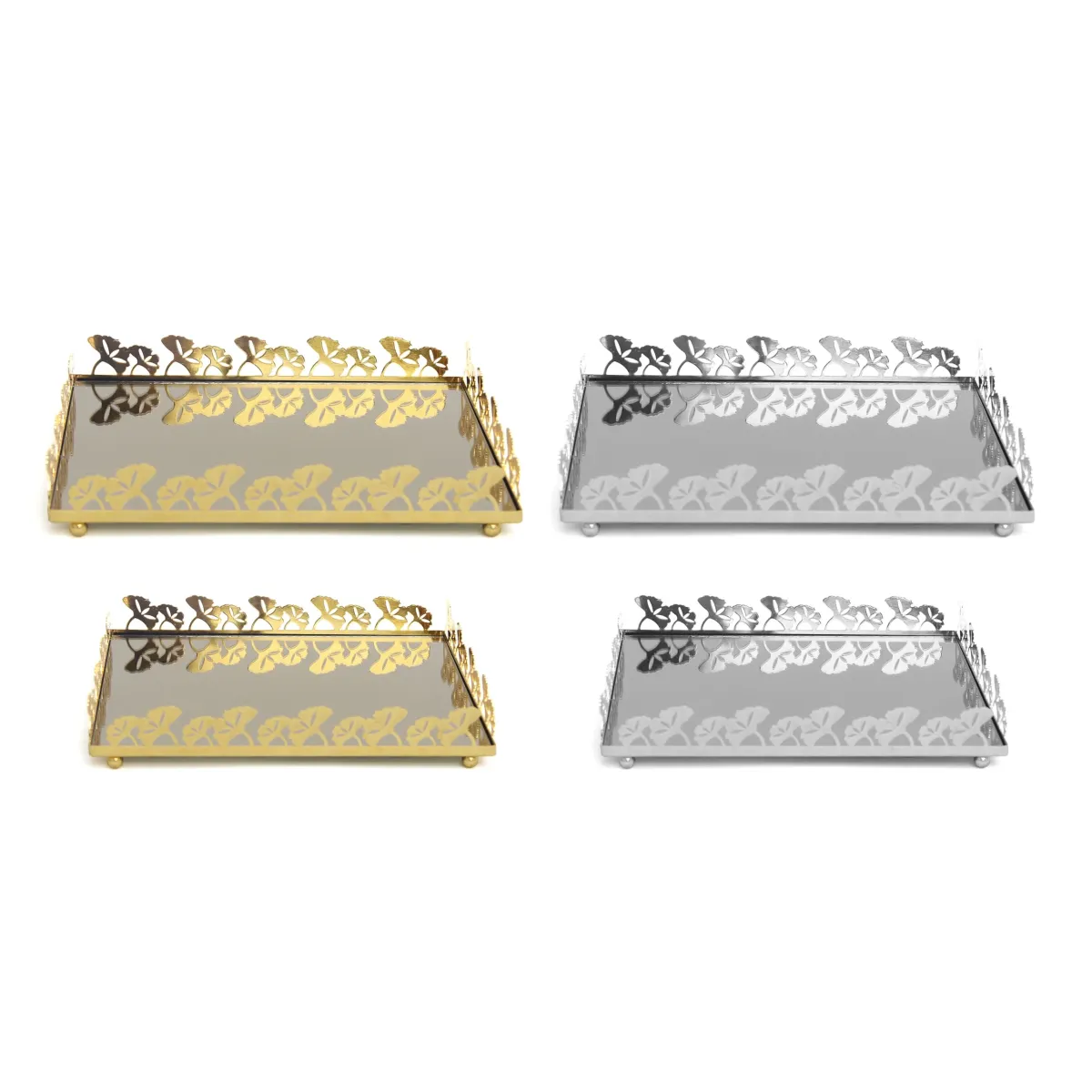 Rectangle Mirror Base Leaf Rim Design Metallic Tray