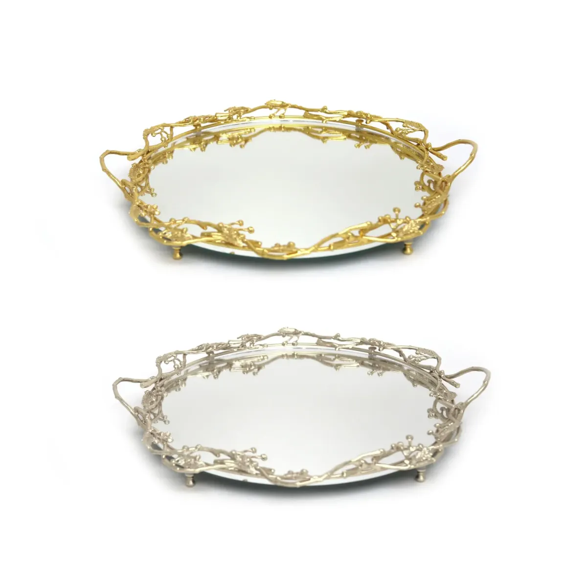 Round Mirrored Tray with Bushes Design – Gold or Silver