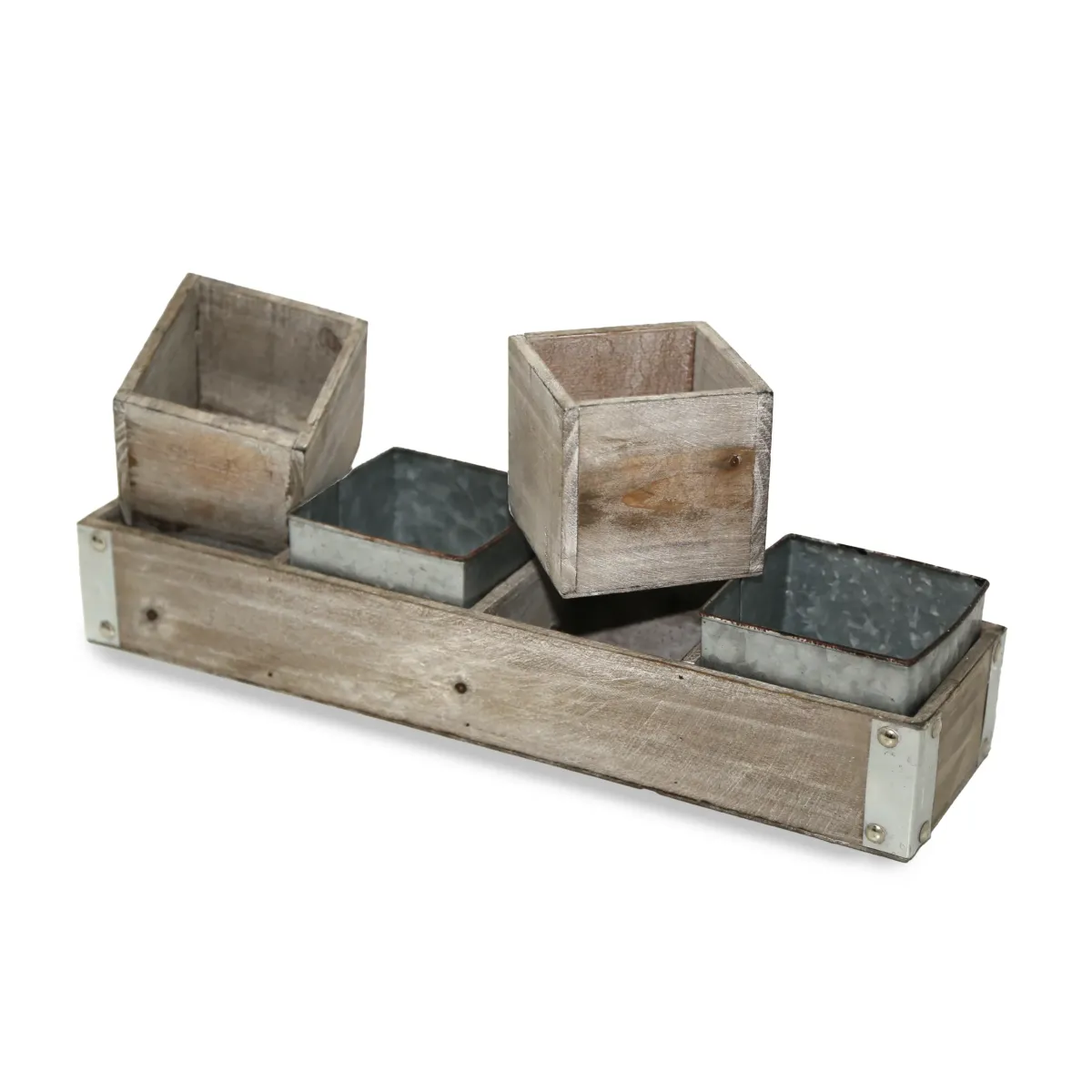 Four Mini Metal & Wooden Planter On Long Wooden Tray