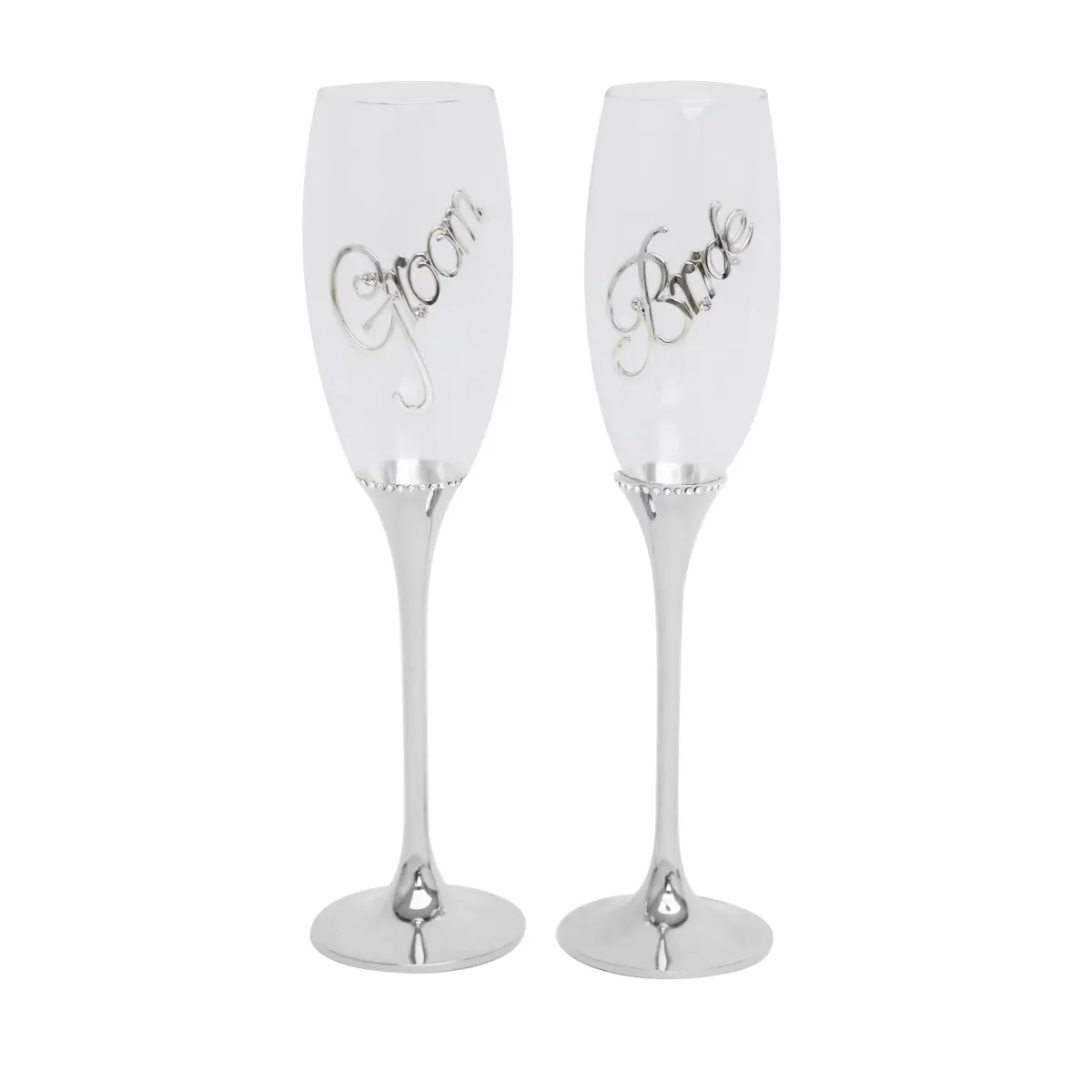 Silver Groom & Bride Wedding Glass Cups With Legs
