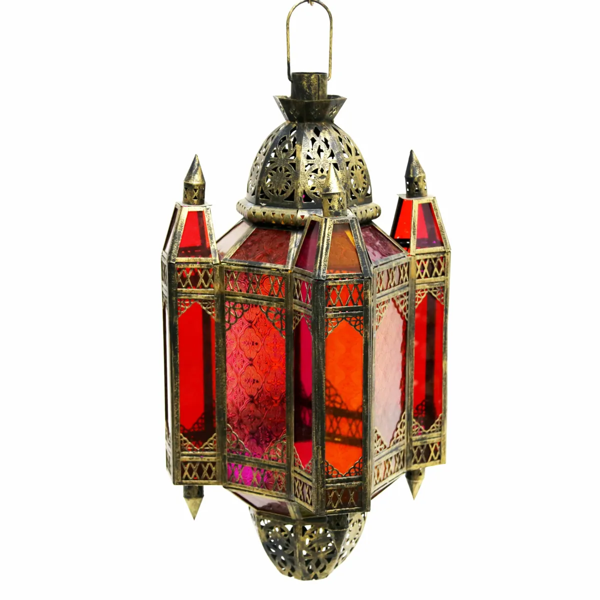 Majestic Ramadan Glow: Colored Glass & Antique Gold 4-Angled Hanging Lantern