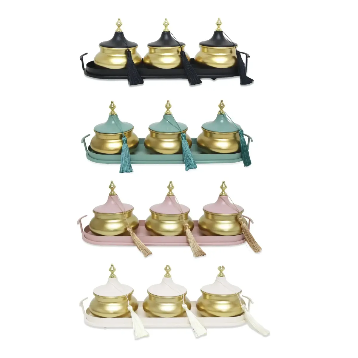 Metal Tray With 3 Canisters & Tassel