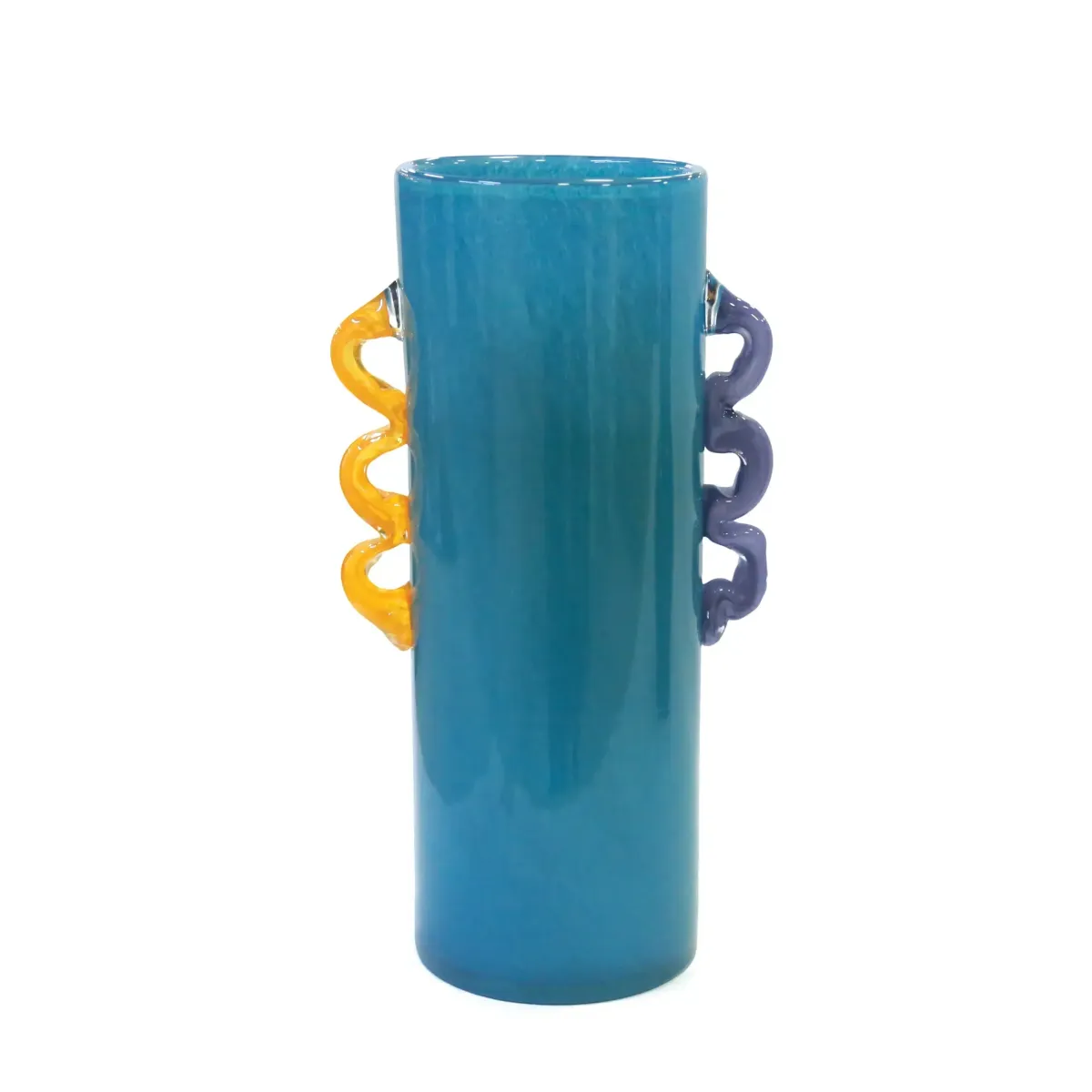 Colored Handle Cylinder Blue Glass Vase