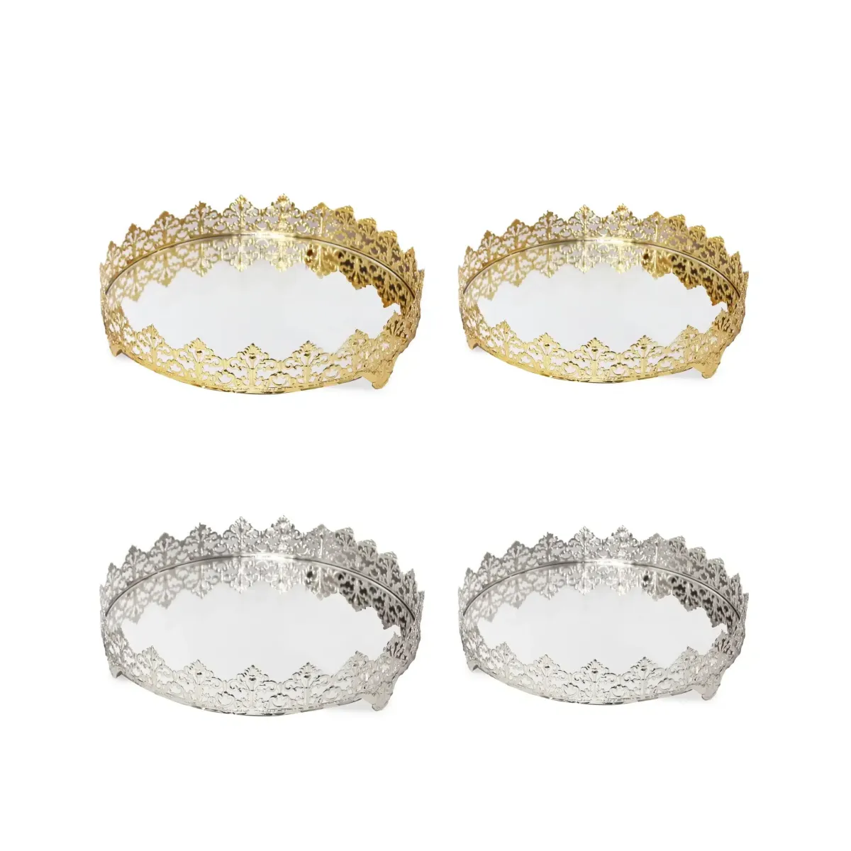 Silver Round Footed Mirror Crown Design Tray