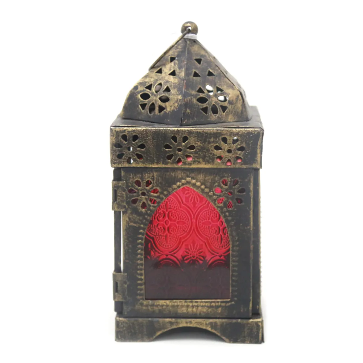 Timeless Ramadan Glow: Antique Gold Metal Lantern with Colored Glass