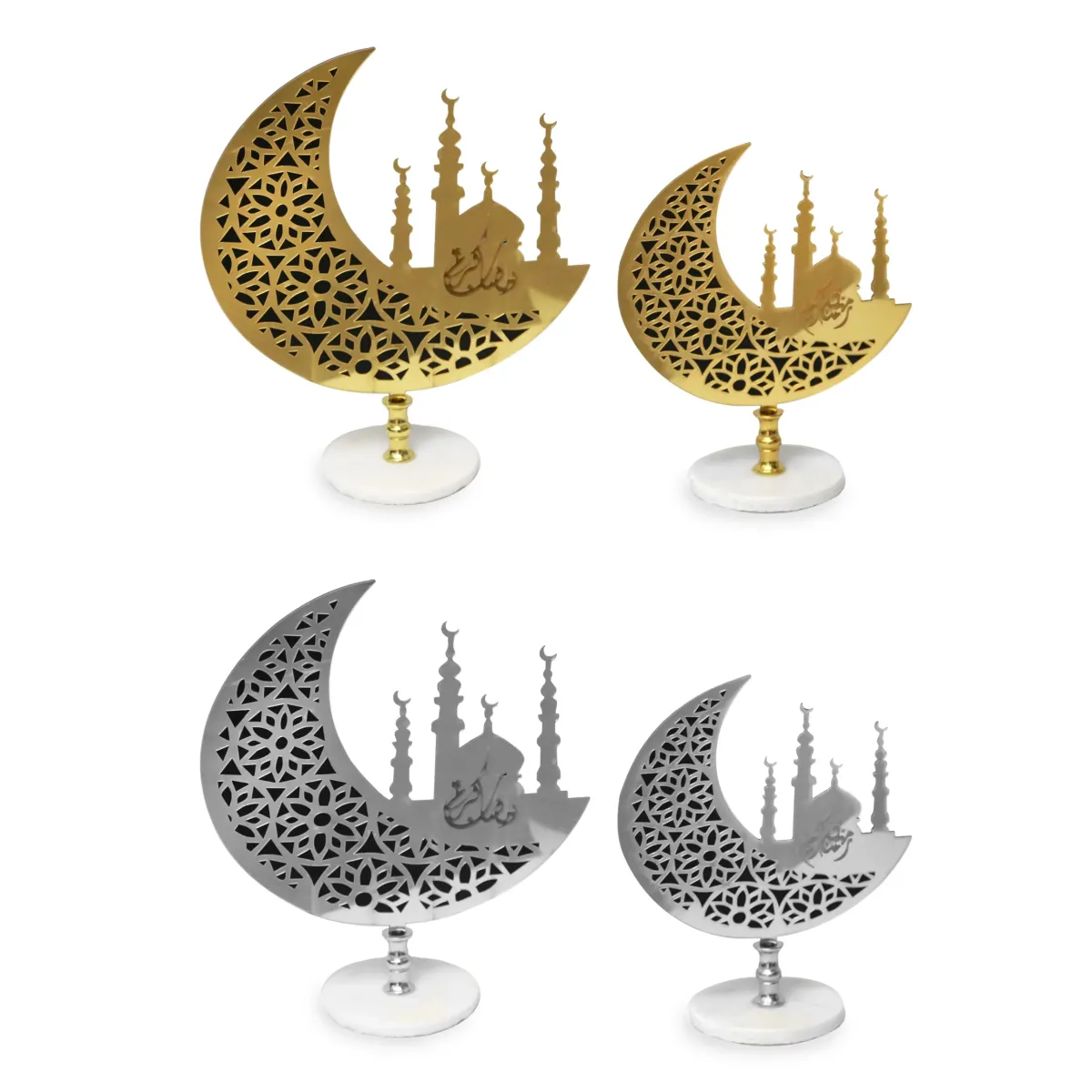 Elegant Crescent with Ramadan Karim Mosque Marble Base Stand – Ideal for Festive Decoratives