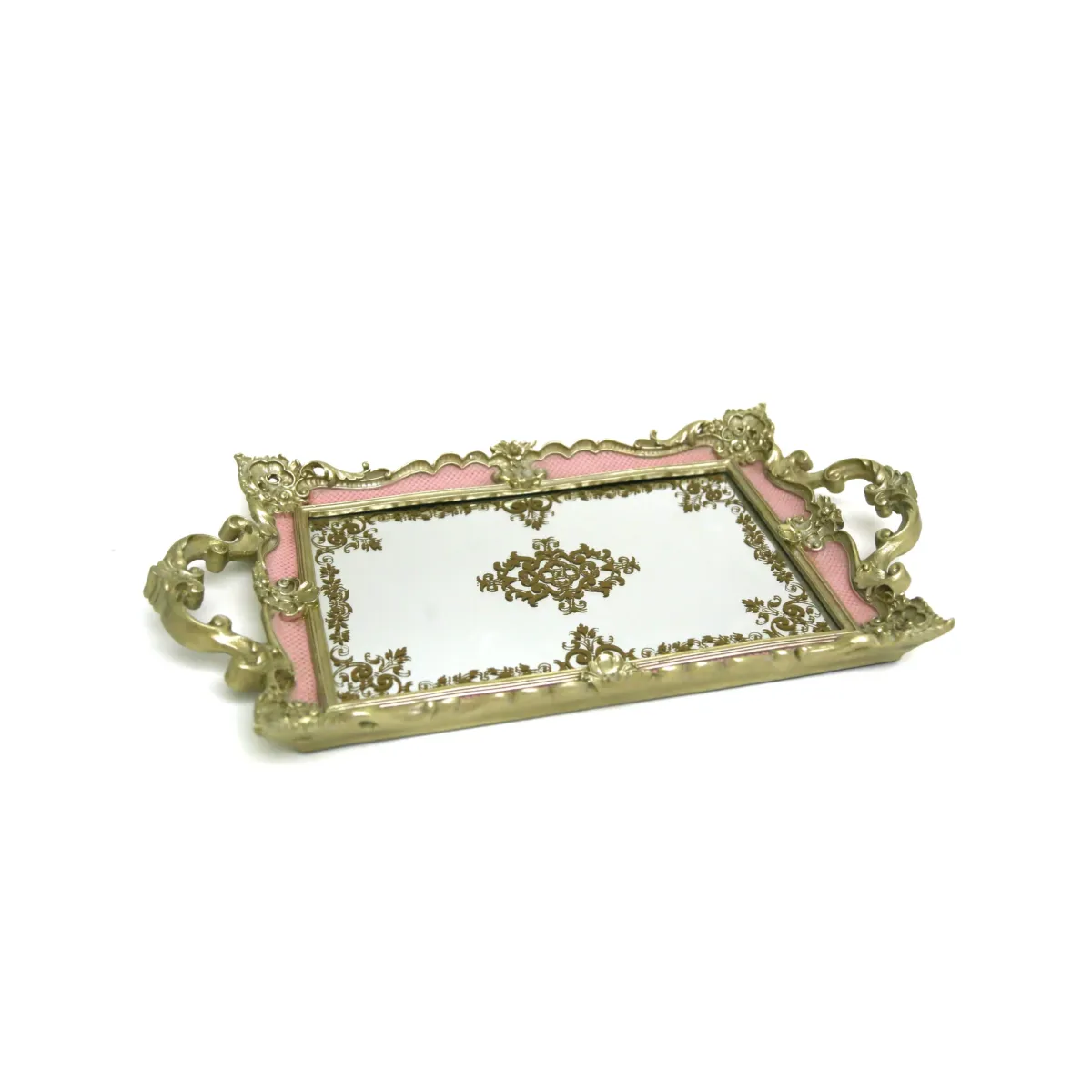 Pink Mirror Base Rectangle Vintage Rimmed Tray
