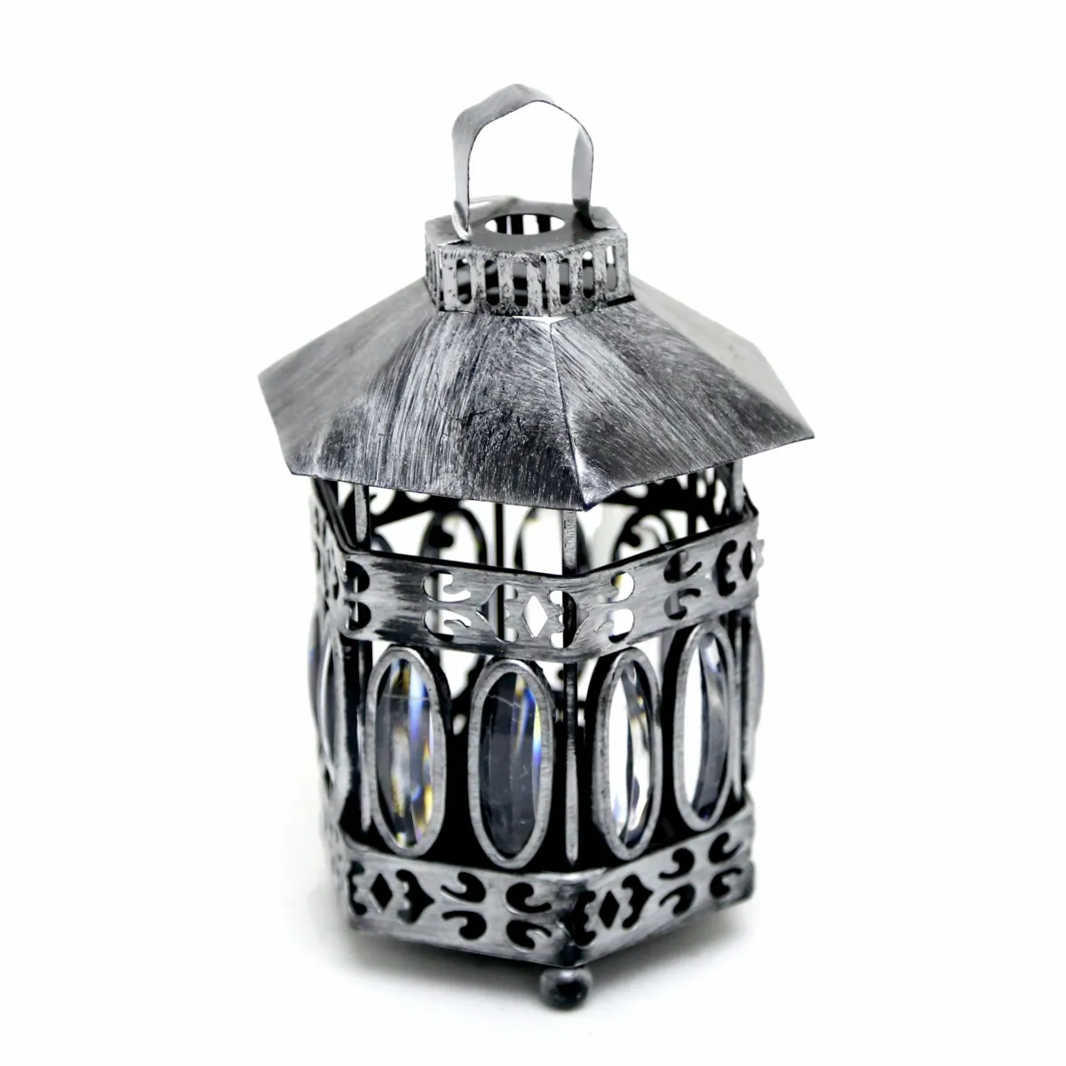 Lunar Gleam: Silver Oval Beads Hexagon Lantern for Ramadan Decoratives