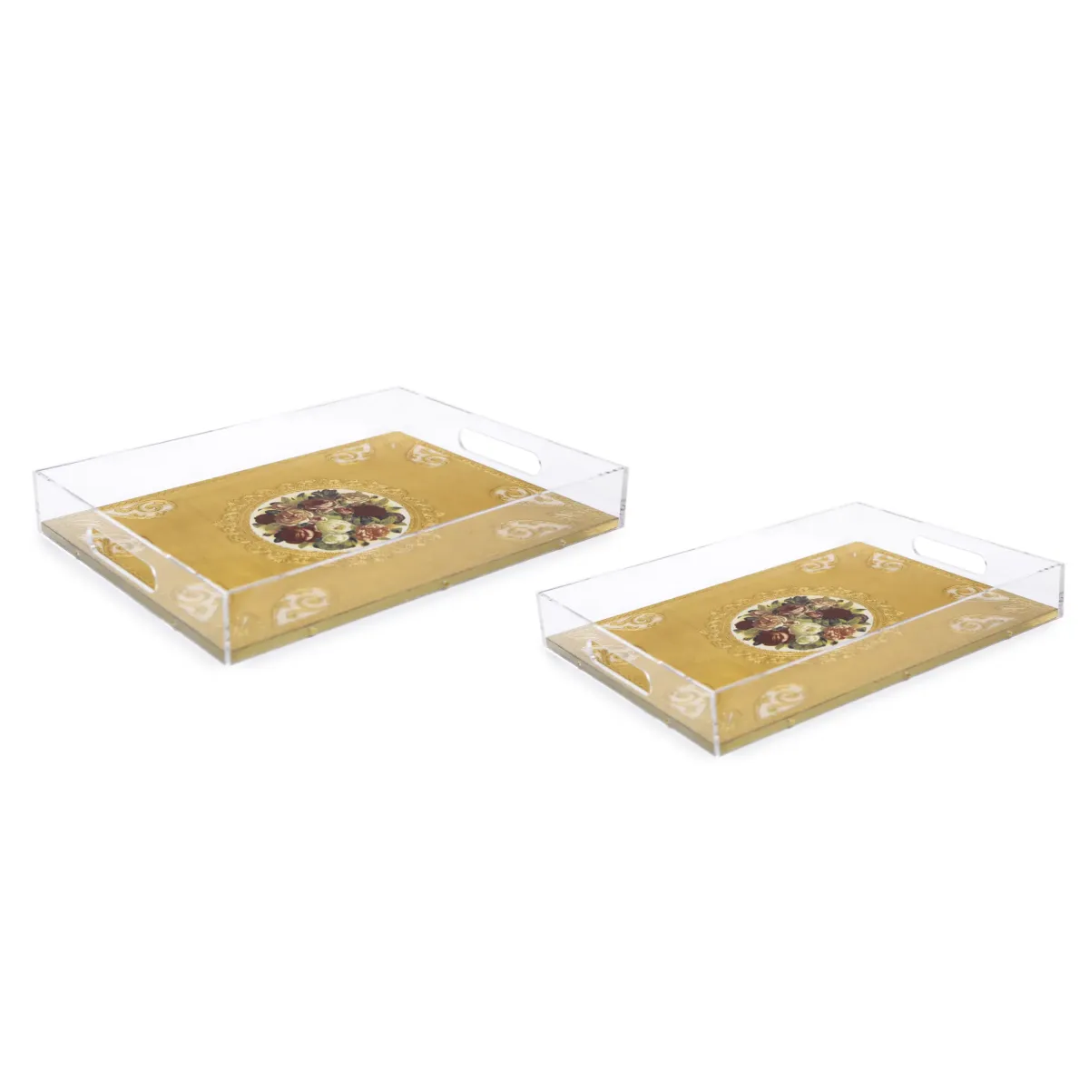 Gold Wooden Acrylic W/Rose Pattern Tray