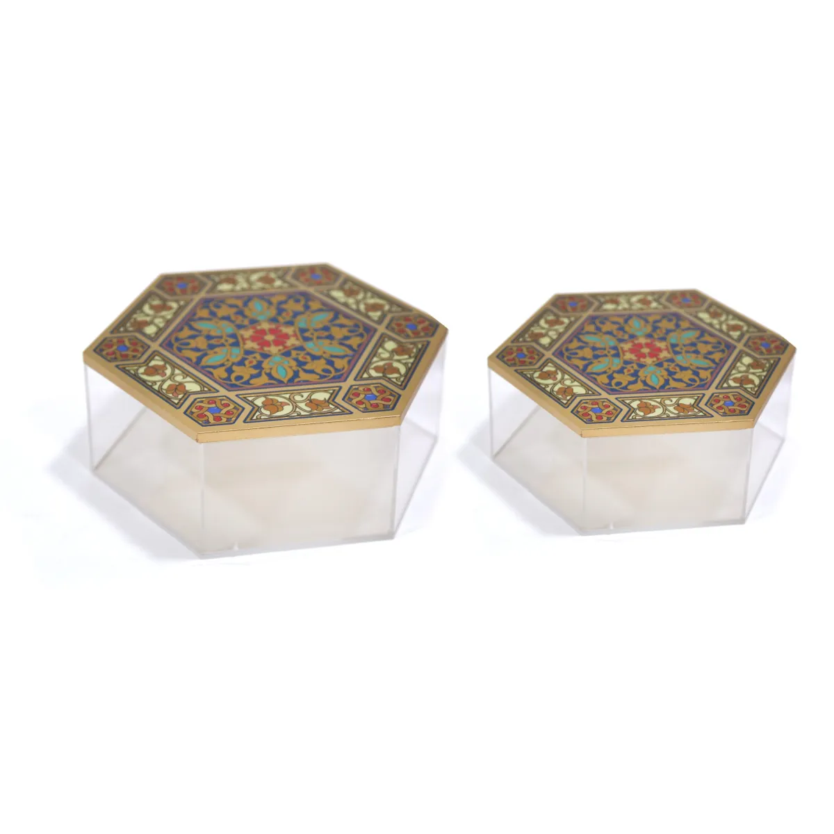 Acrylic Hexagon Canister with Islamic Pattern – Elegant Storage and Decorative Piece for Ramadan