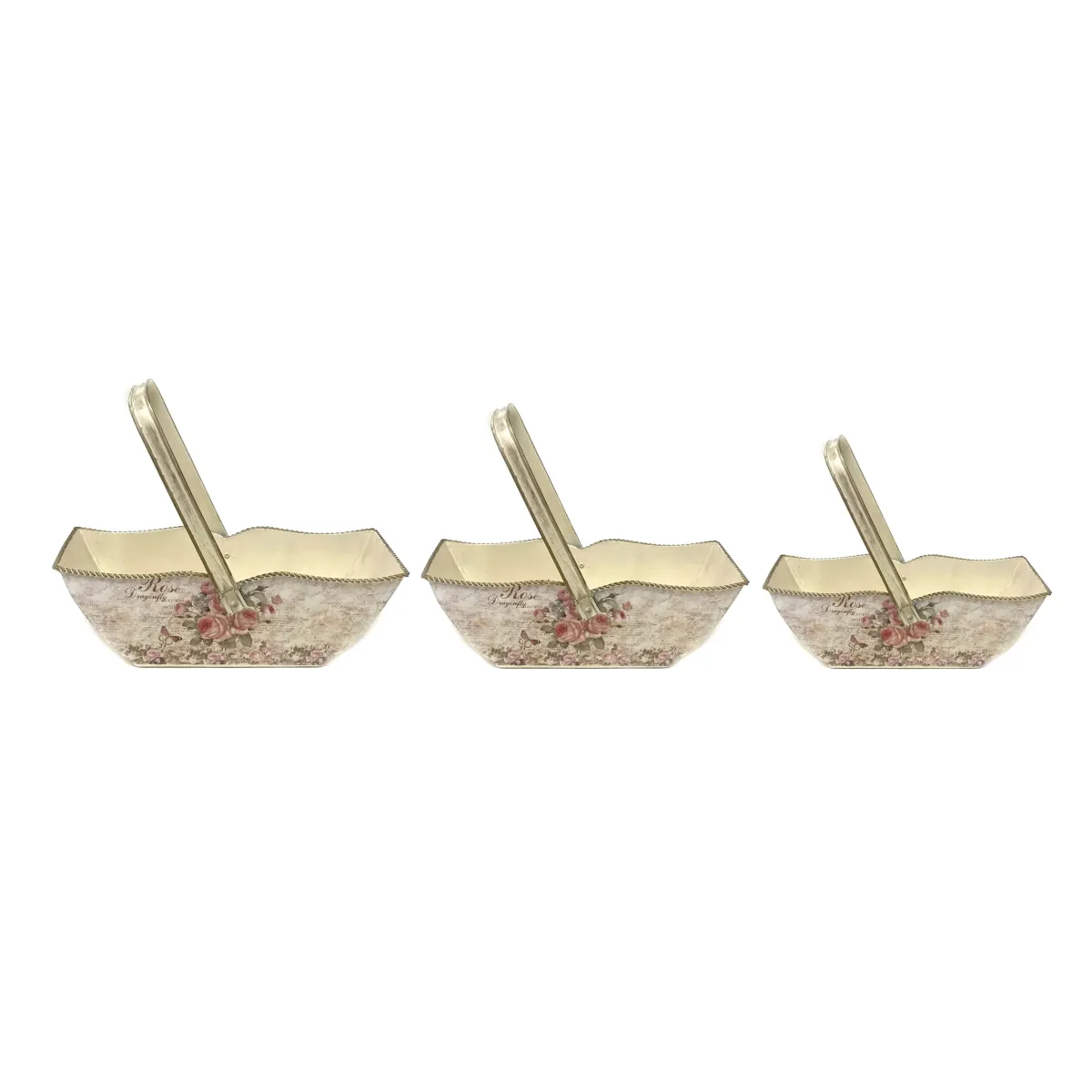 Rectangle Ivory Rose Countryside Baskets With Upper Moving Handle Set
