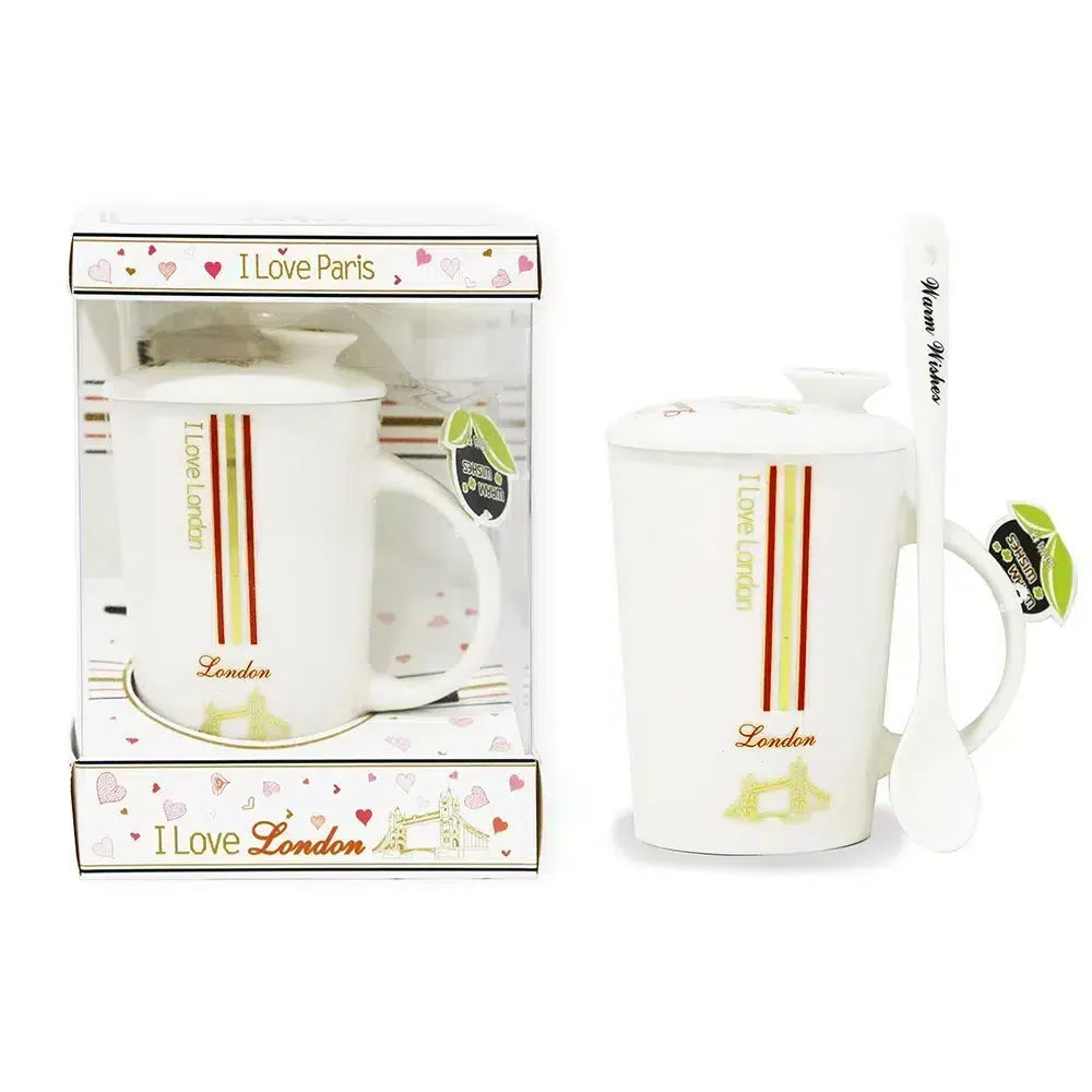 “I Love London” Red Mug With Cover &Long Spoon Set