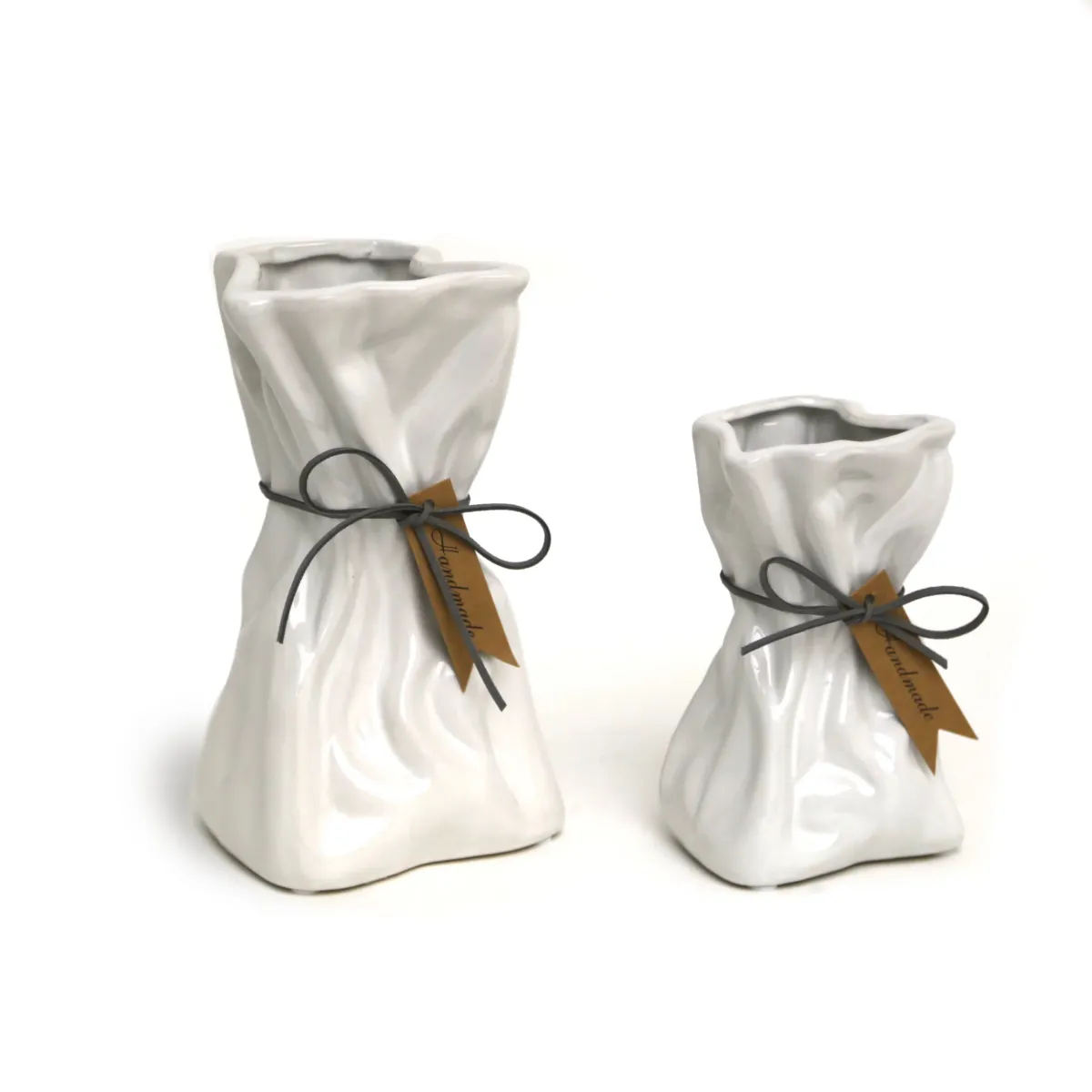 Bow Tied Shiny White Crumbled Vase