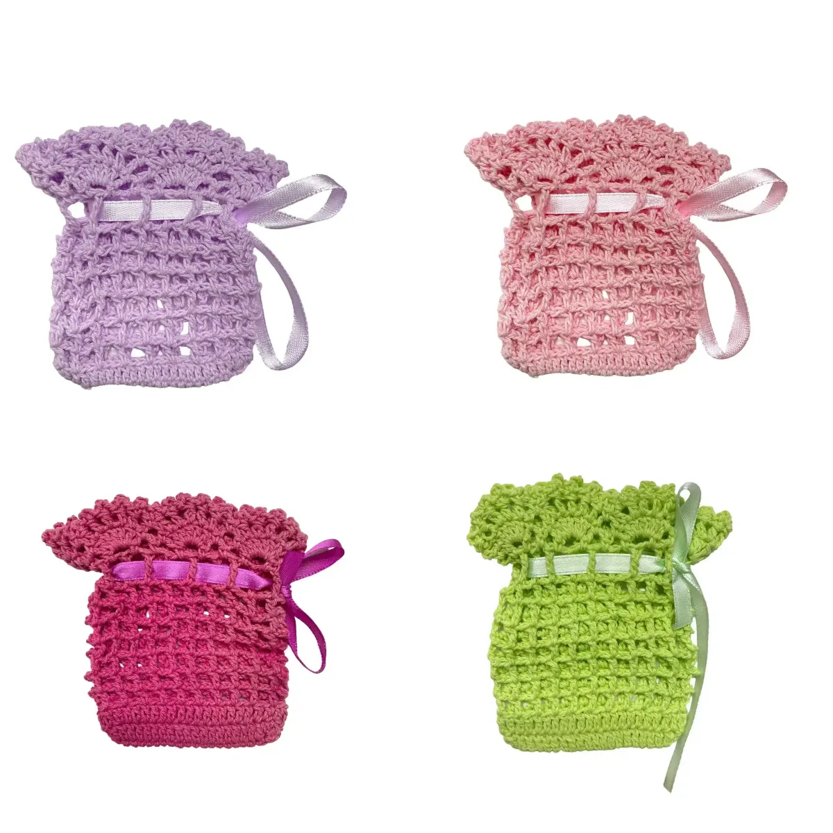 Crochet Satin Ribbon Gift Bag – Handmade Pouch Set
