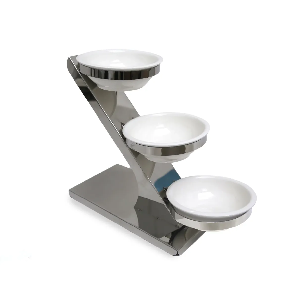 Stainless Steel Serving Display Stand W/Three Round Ceramic Bowls