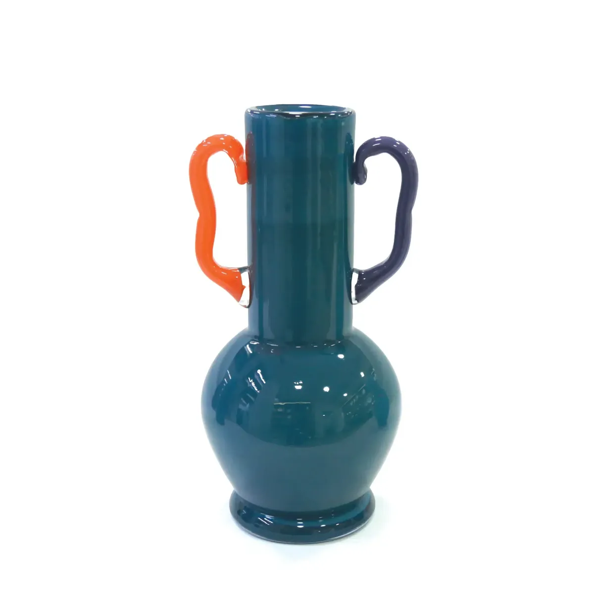Shaped Colored Handle Blue Glass Vase