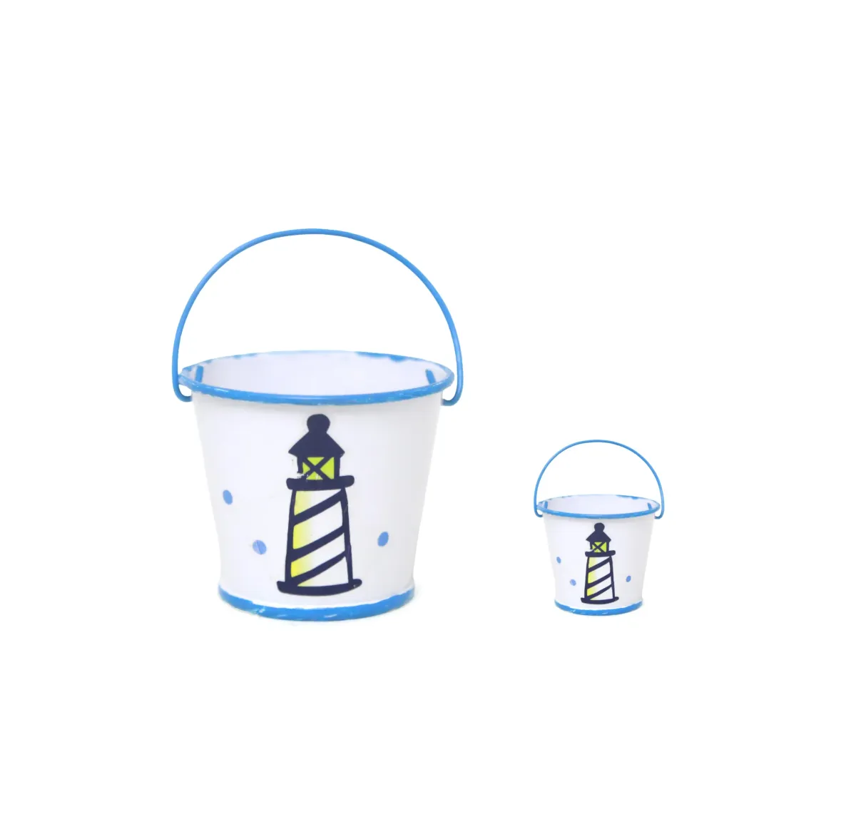 Lighthouse Print Metal Bucket – Coastal Storage Decor