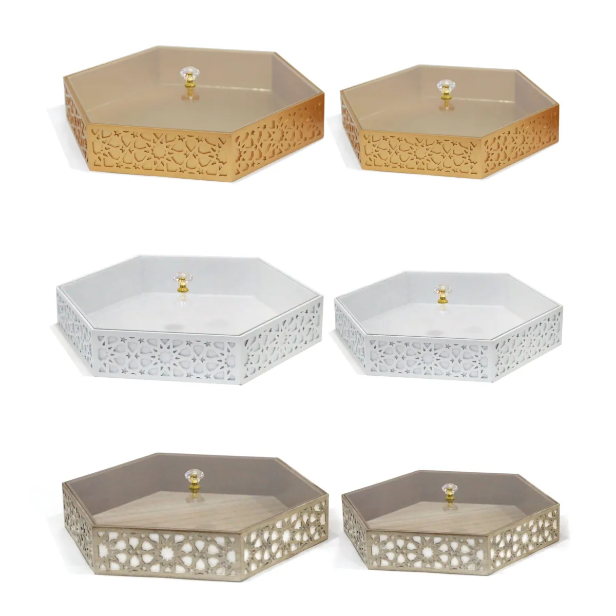 Hexagon Plexi Cover Arabesque Wooden Tray – Elegant Islamic Decoratives for Ramadan & Stylish Home Accent