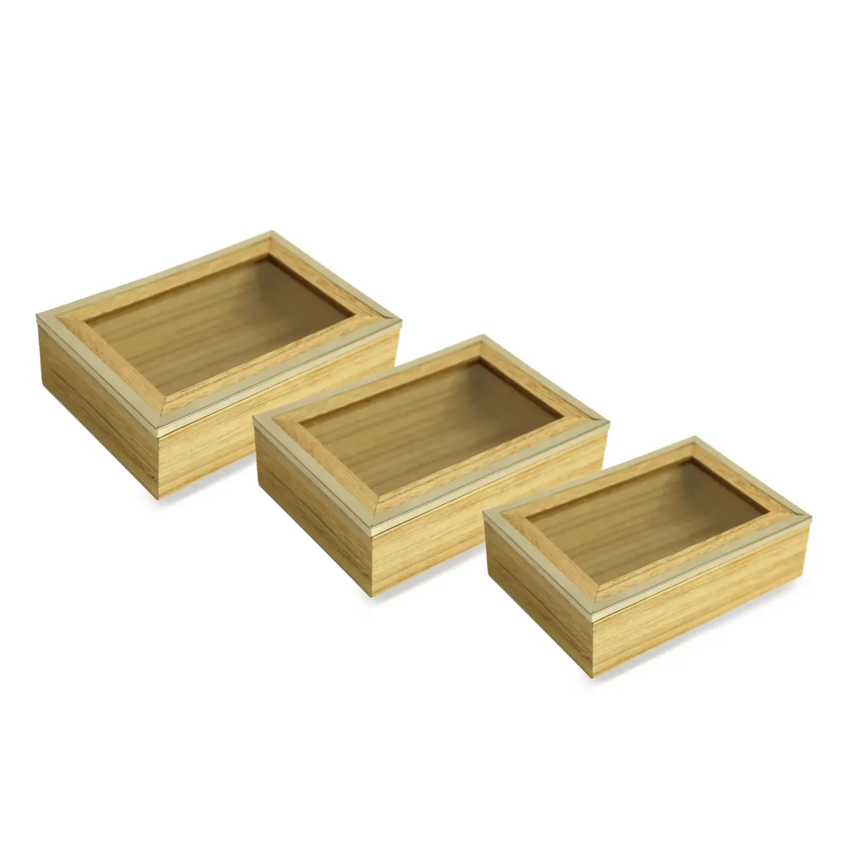 Wooden Rectangle Box With Glass Steel Rimmed Cover