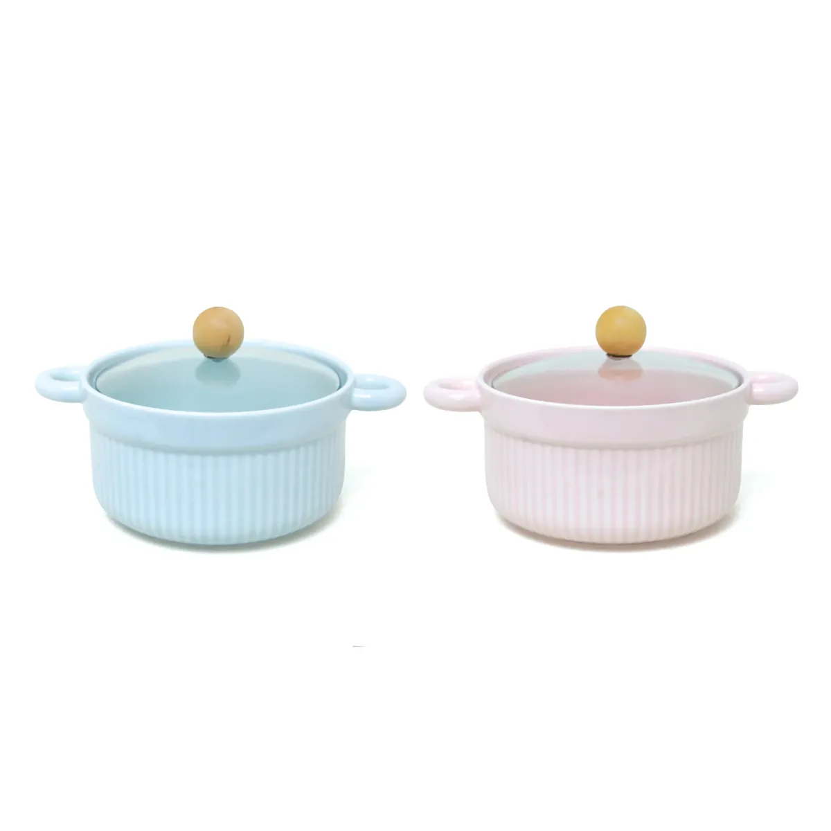 Round Ribbed Covered Ceramic Pot – Blue | Pink | Clear