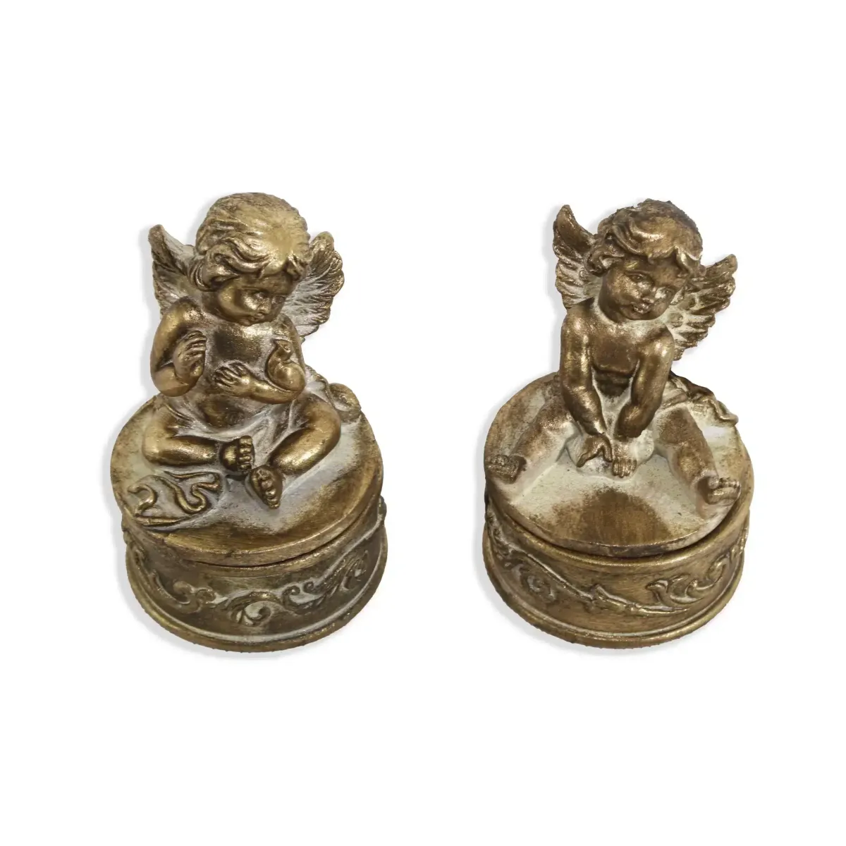 Antique Gold Round Box With Sitting Angel Cover