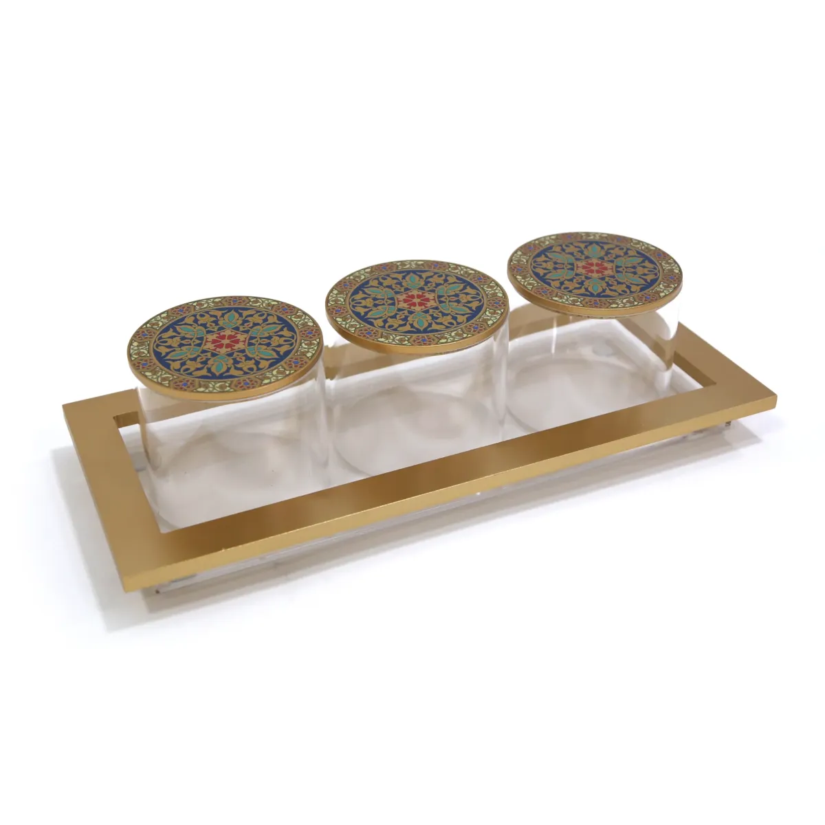 Elegant 3 Acrylic Canisters with Islamic Patterns on a Gold-Bordered Tray – Perfect Ramadan Decoratives
