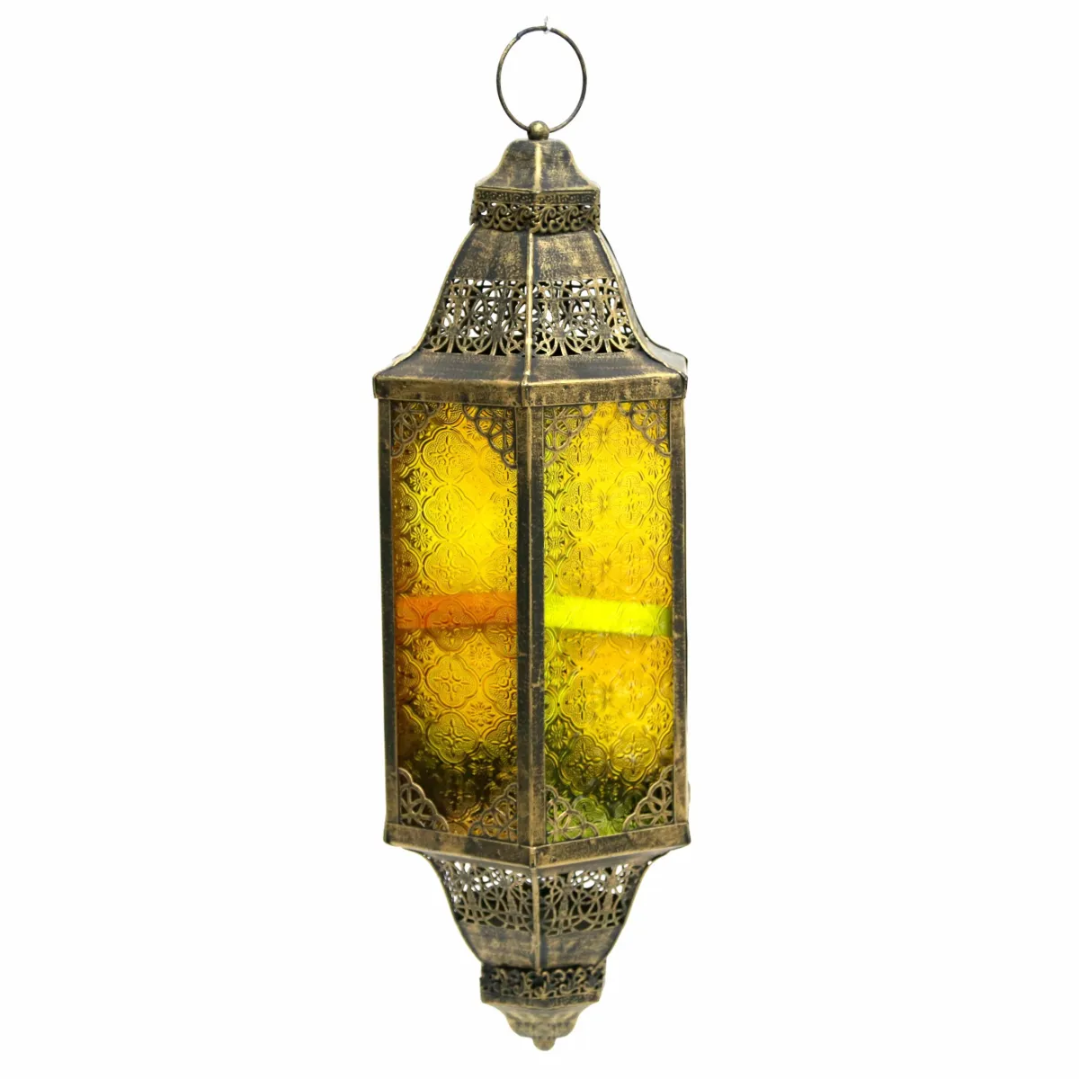 Ethereal Ramadan Glow: Colored Glass & Antique Gold Hanging Lantern for Decoratives