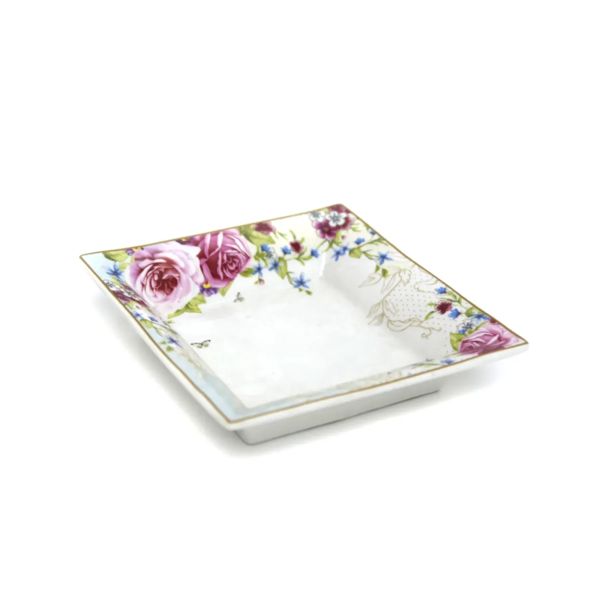 Light Blue & Pink Floral Pattern Square Plate | Decorative Dinner Plate