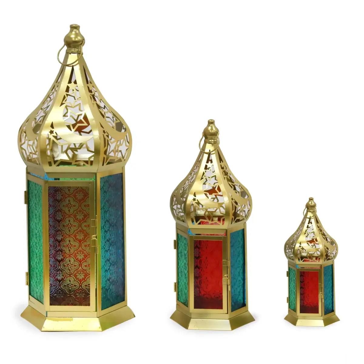 Gold Moon & Star Metal Lantern with Colored Glass – Exquisite Ramadan Decoratives