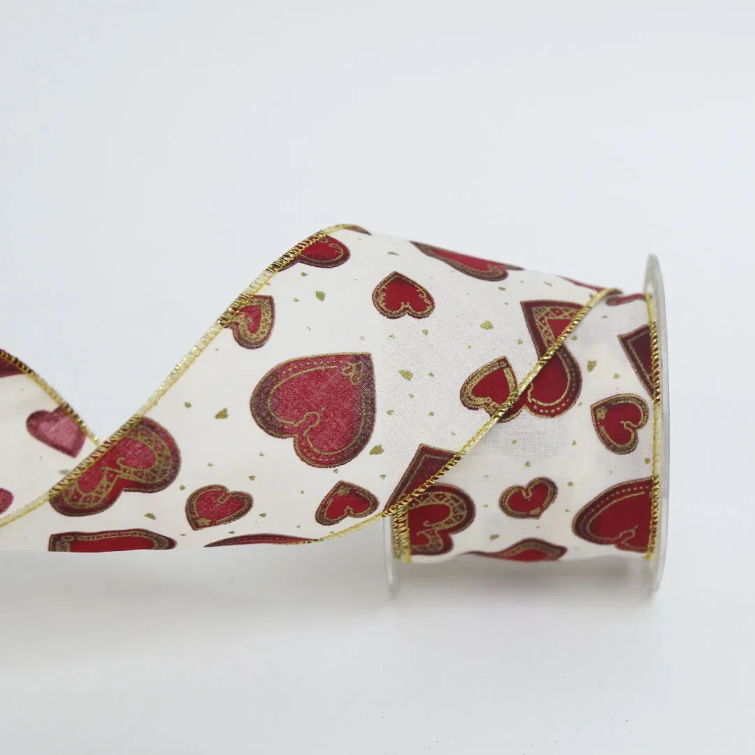 Gold & Red Design Heart Taffeta Ribbon