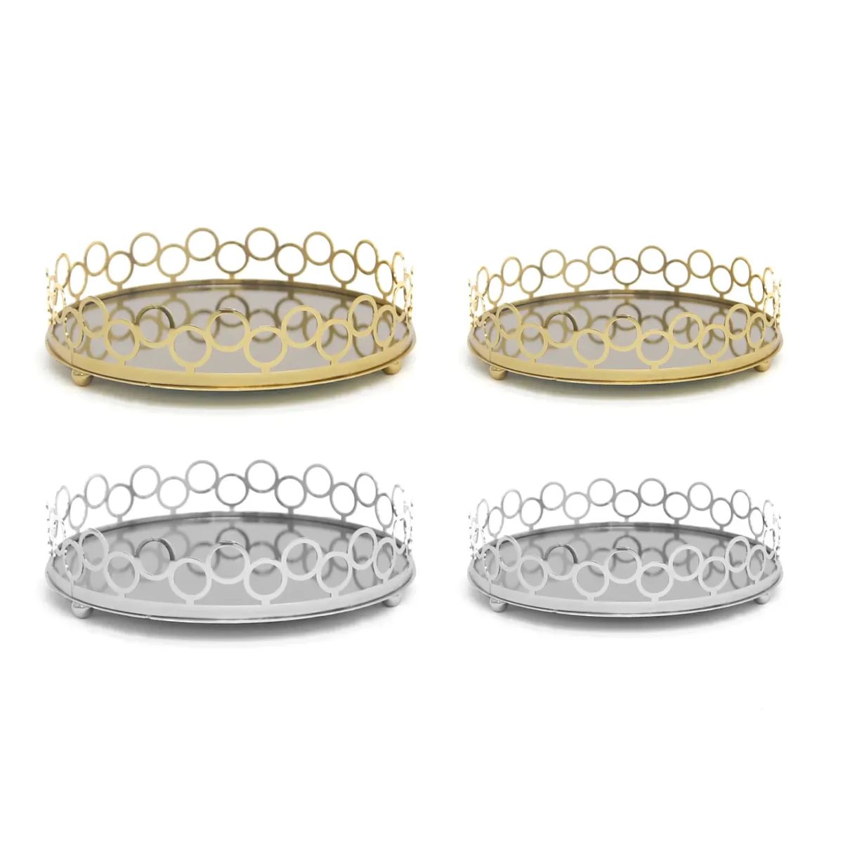 Round Mirror Base Circle Rim Design Metallic Tray