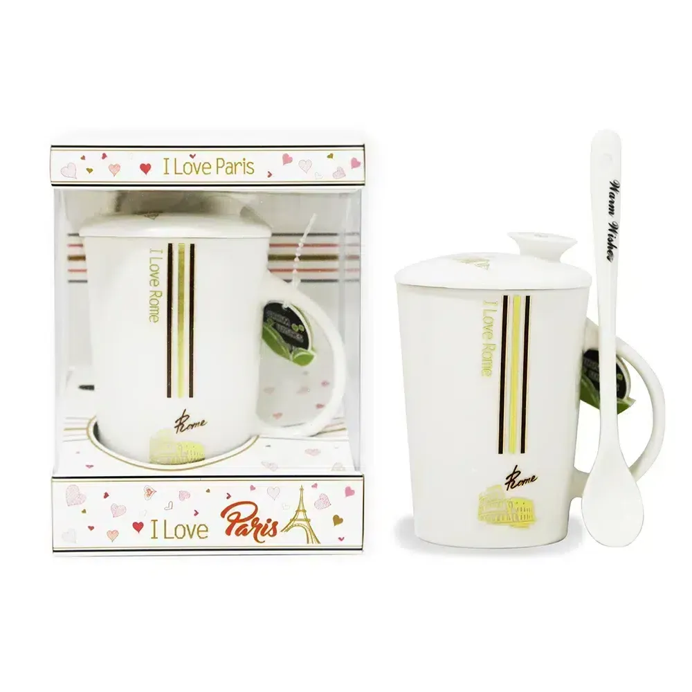 “I Love Rome” Mug With Cover &Long Spoon Set