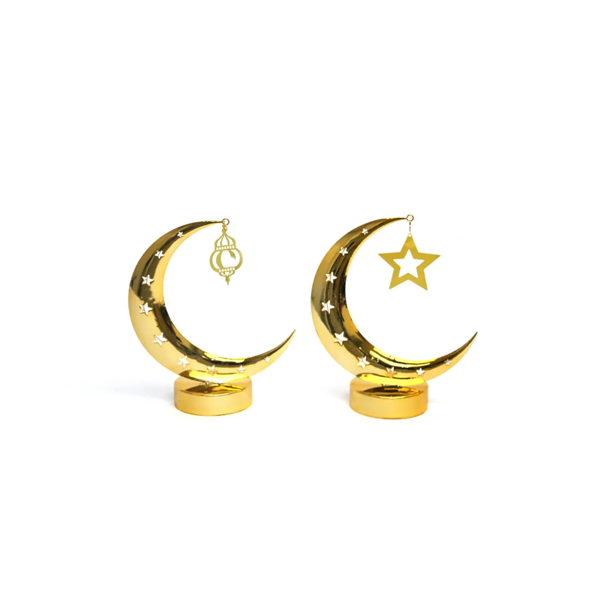 Gold Moon Shape Stand with Hanging Lantern & Star LED Light – Elegant Ramadan and Festive Decorative
