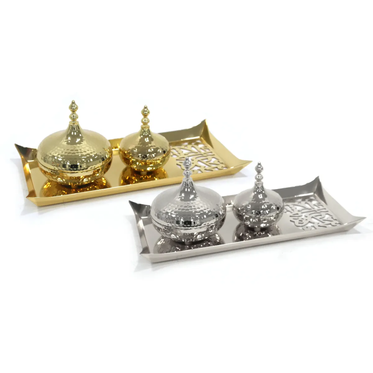 Two Metal Pots Calligraphy Tray Serving Set