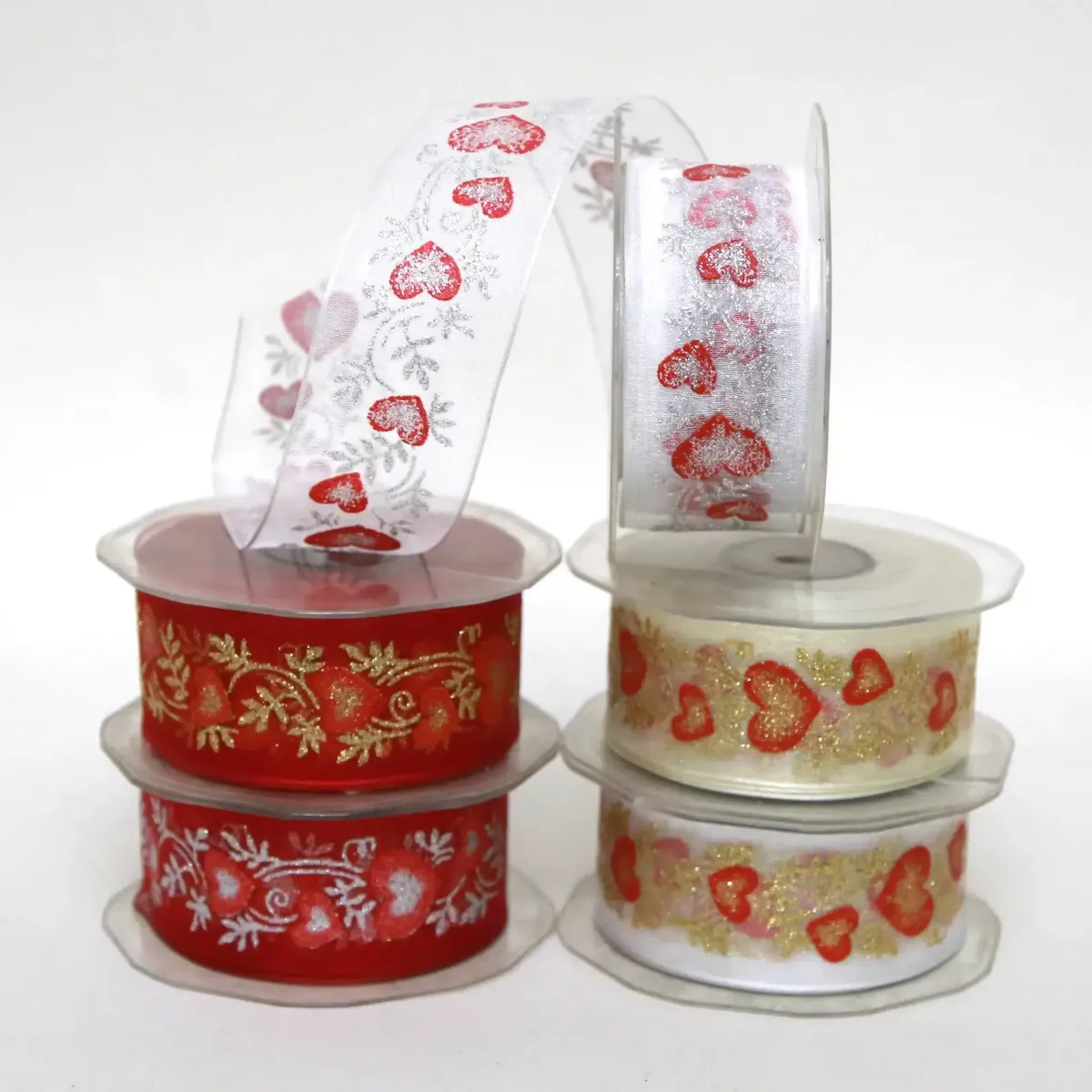 Glittered Heart Leaves Organza Ribbon