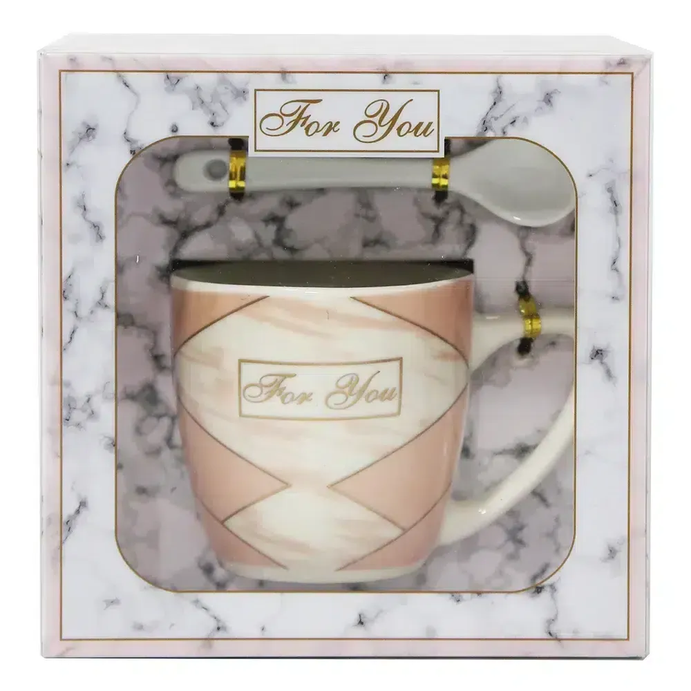“For You” Mid Mug & Spoon Pink & White Design Set