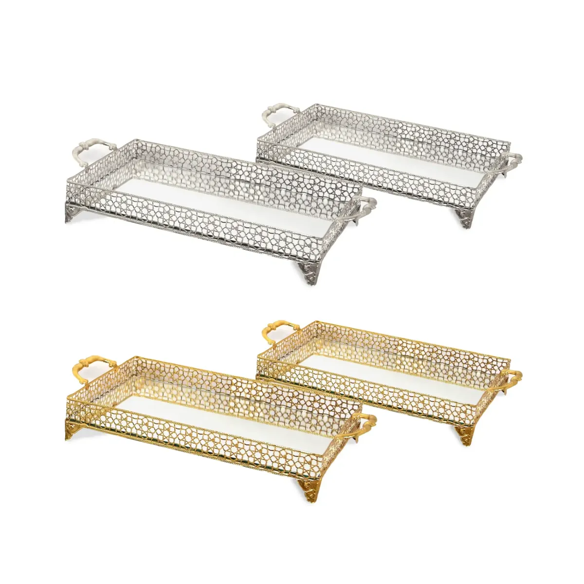 Rectangular Hive Design Footed Mirror Tray